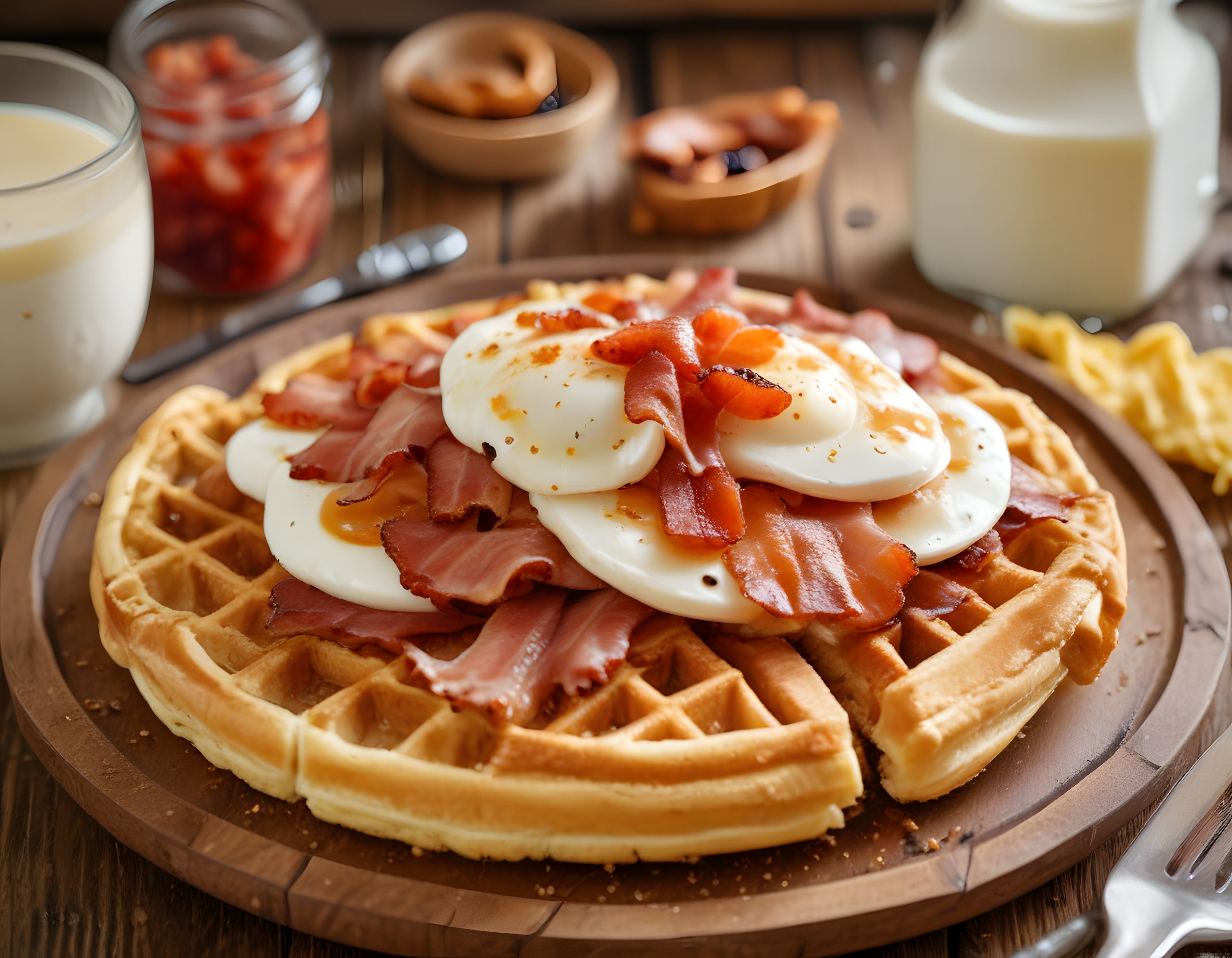 Ahşap Tahta Üzerinde Waffle, Yumurta ve Bacon ile Kahvaltı Keyfi