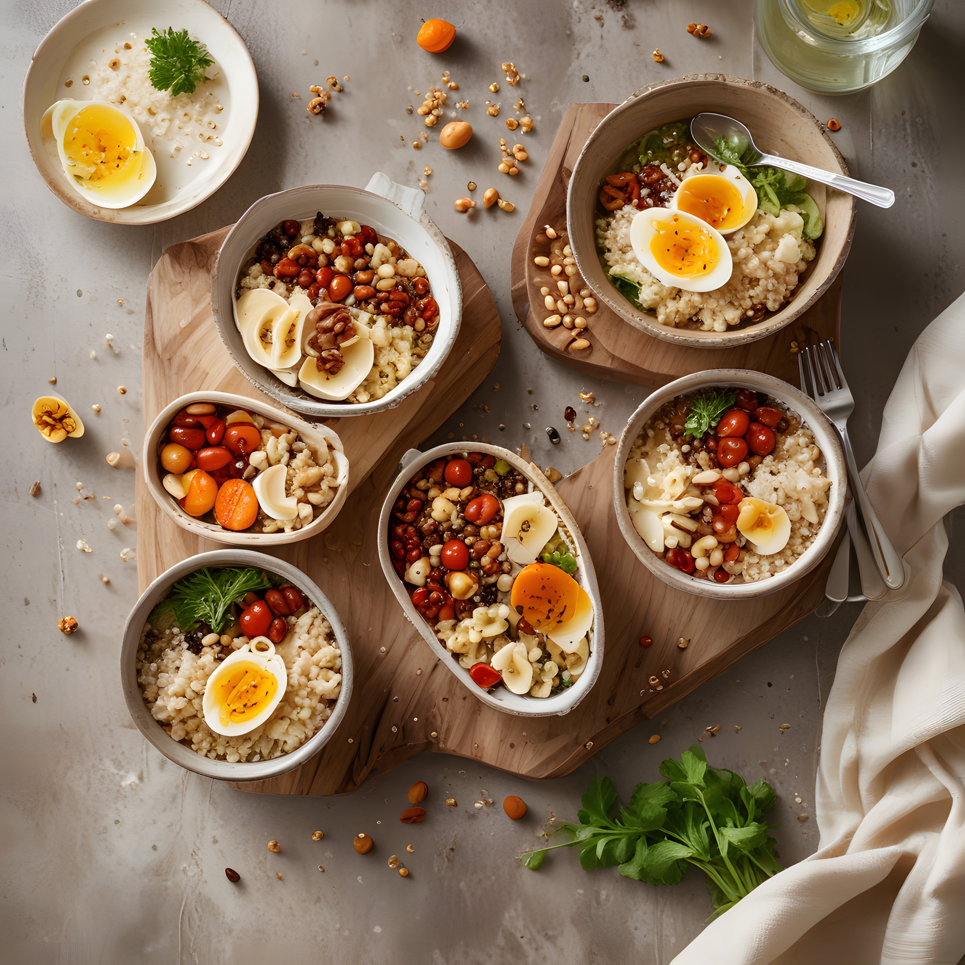 Ahşap Tahta Üzerinde Yumurtalı ve Bakliyatlı Protein Dolu Kahvaltı Kaseleri