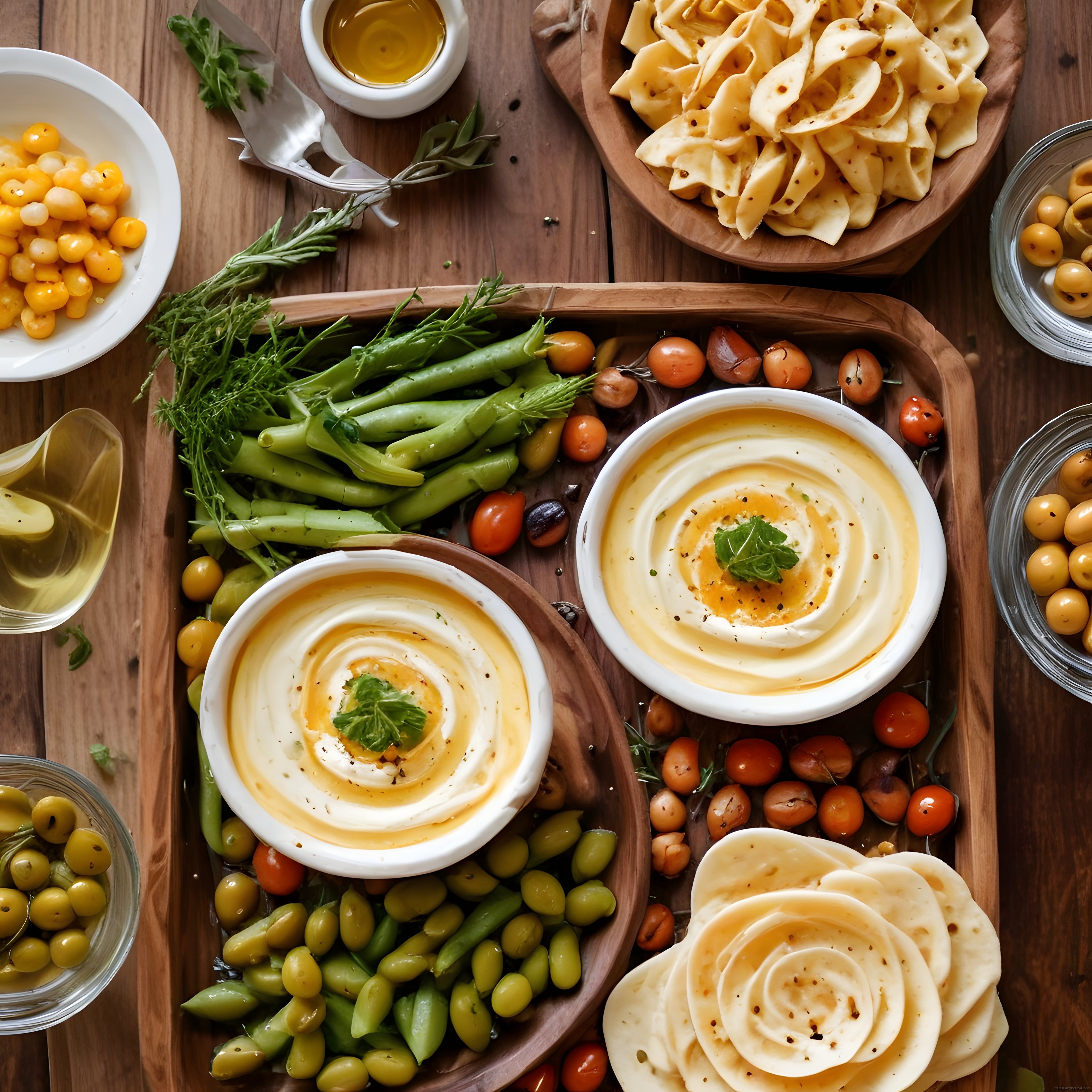 Ahşap tahta üzerine serilen humus, zeytin ve peynirle zengin kahvaltı
