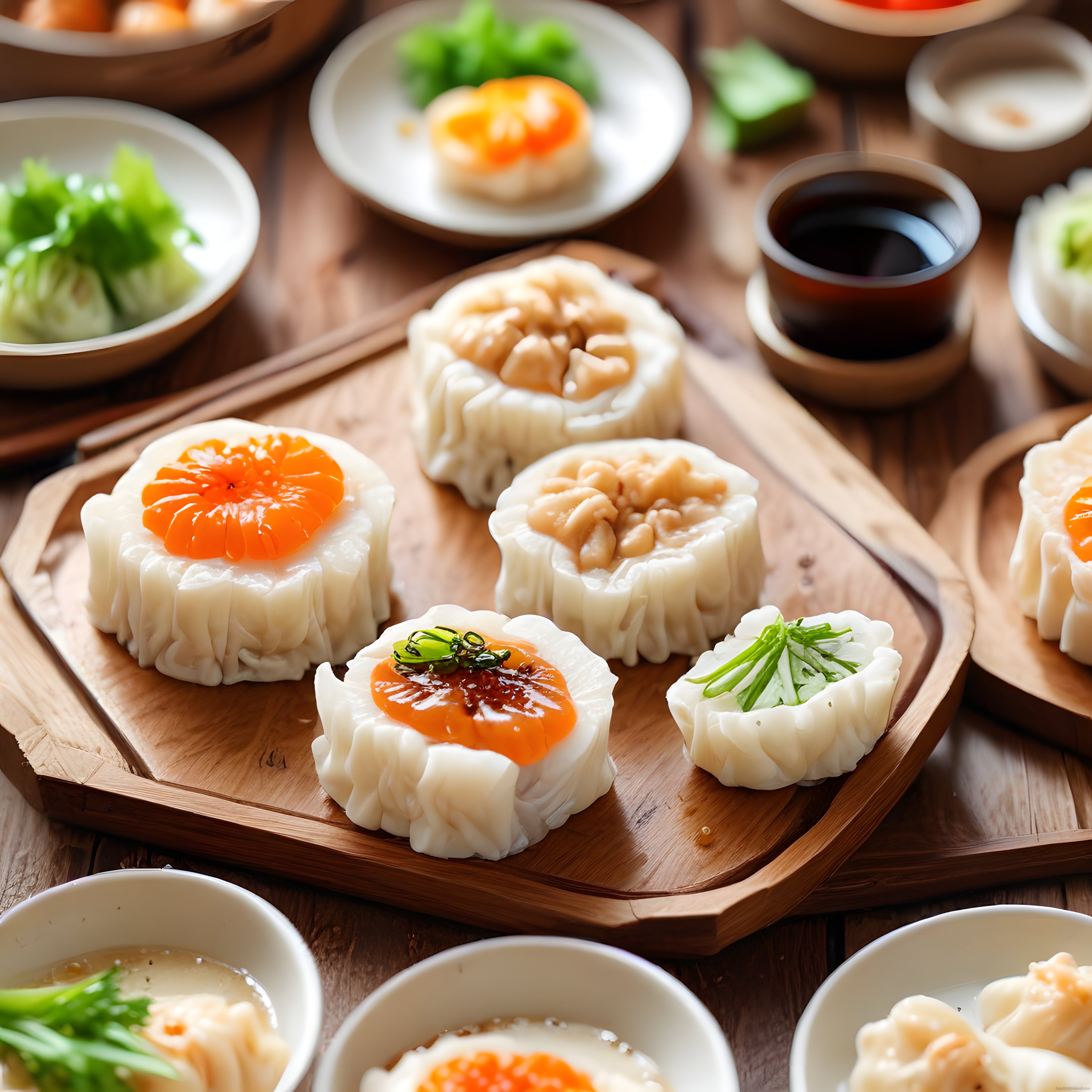 Ahşap tahtada buharlanmış Çin mantıları ve soya soslu dim sum sunumu