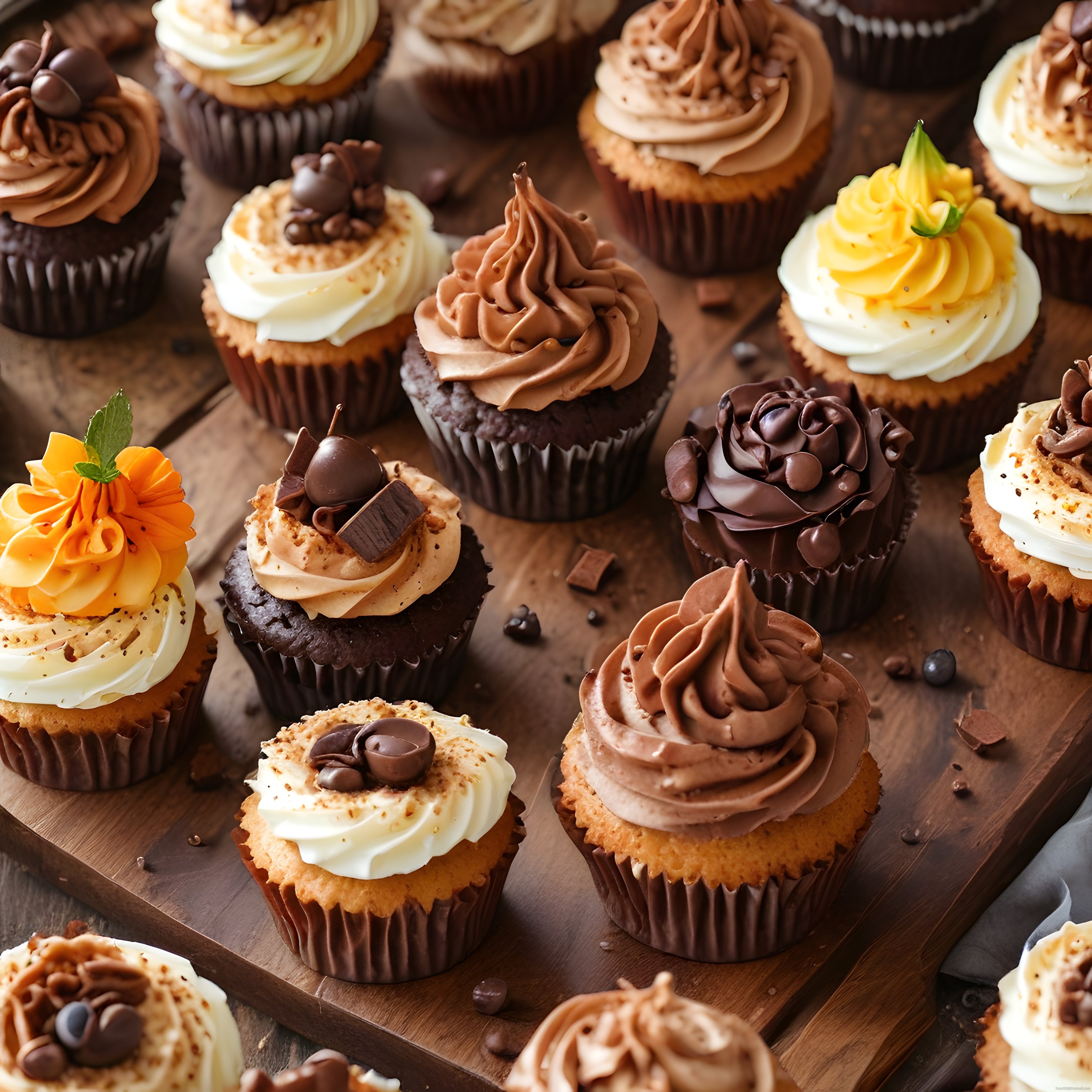 Ahşap tahtada çikolatalı ve vanilyalı kremalı çeşitli cupcake'ler