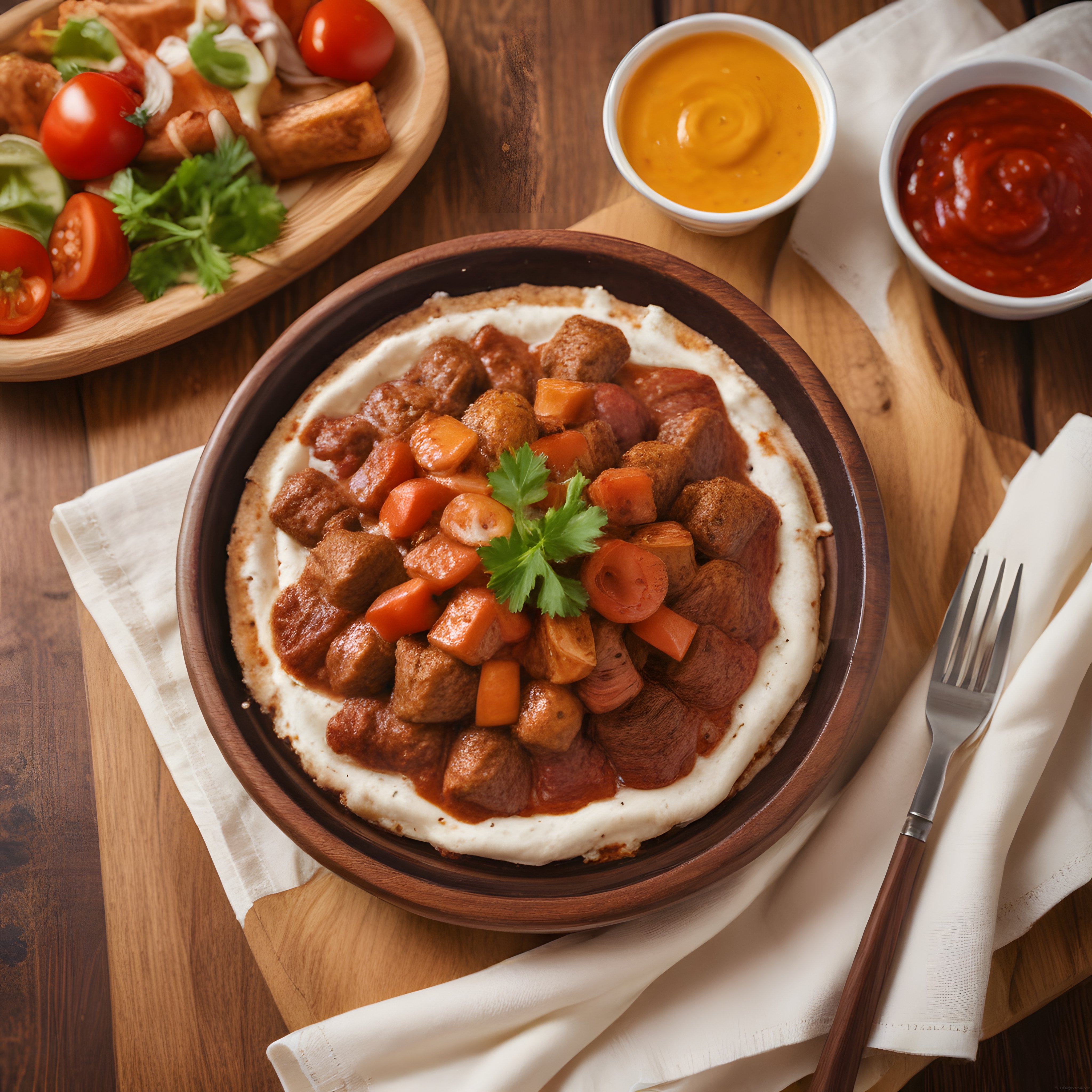 Ahşap tahtada etli sebzeli yemek, soslar ve salata ile rustik masa sunumu