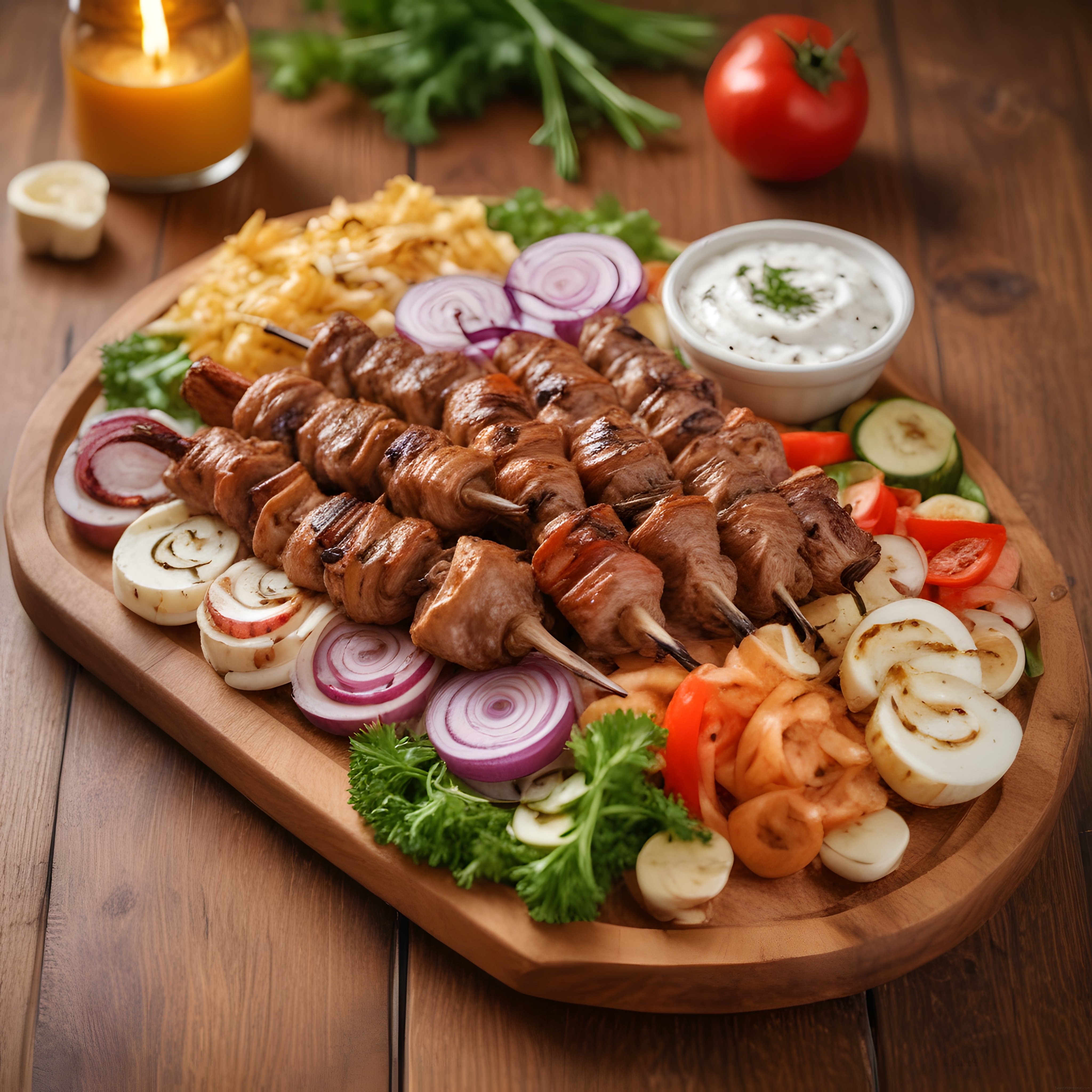 Ahşap tahtada ızgara şiş kebap, pilav, kızarmış sebze ve yoğurt sosu sunumu