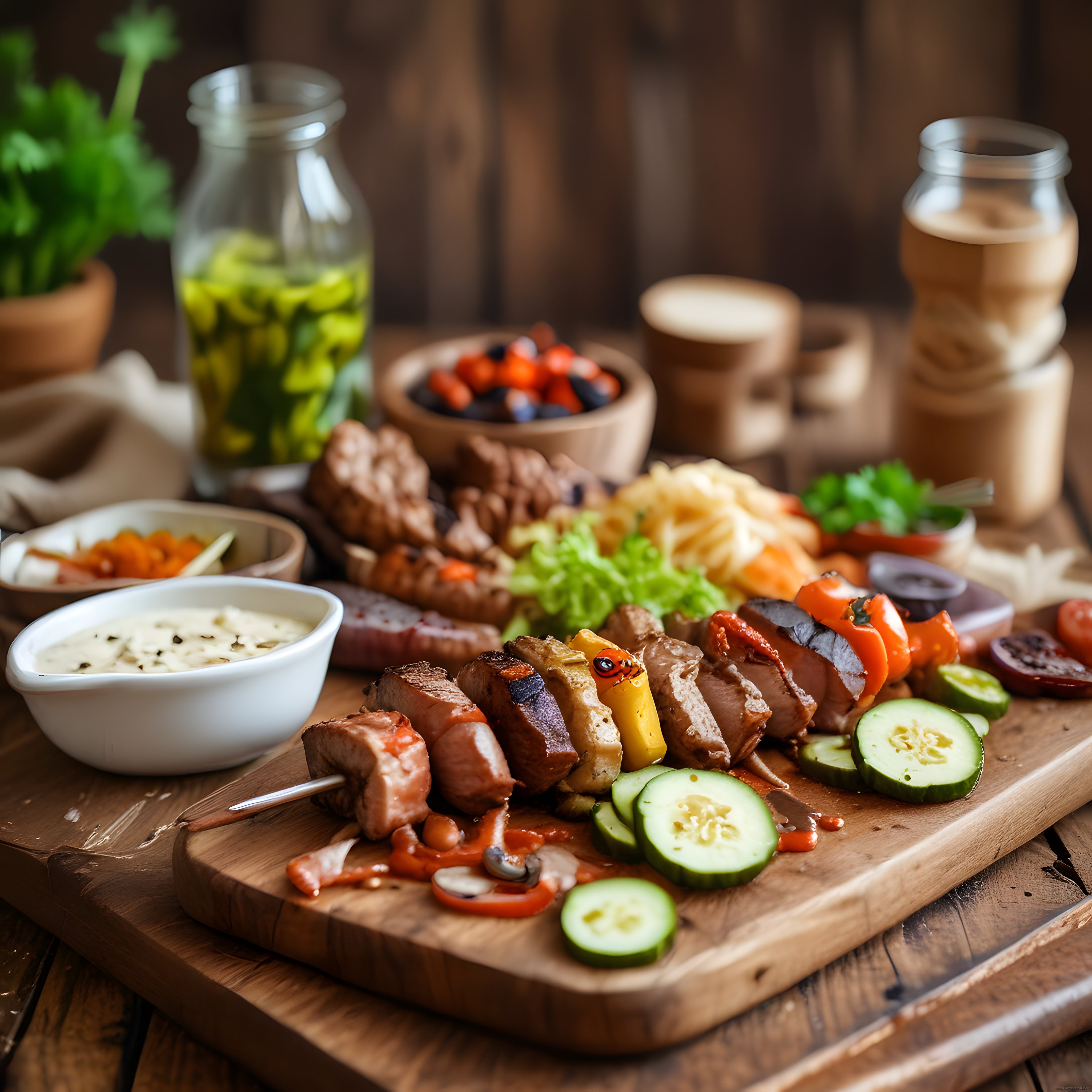 Ahşap tahtada ızgara şiş kebap, taze sebzeler ve özel sos ile rustik akşam sofrası