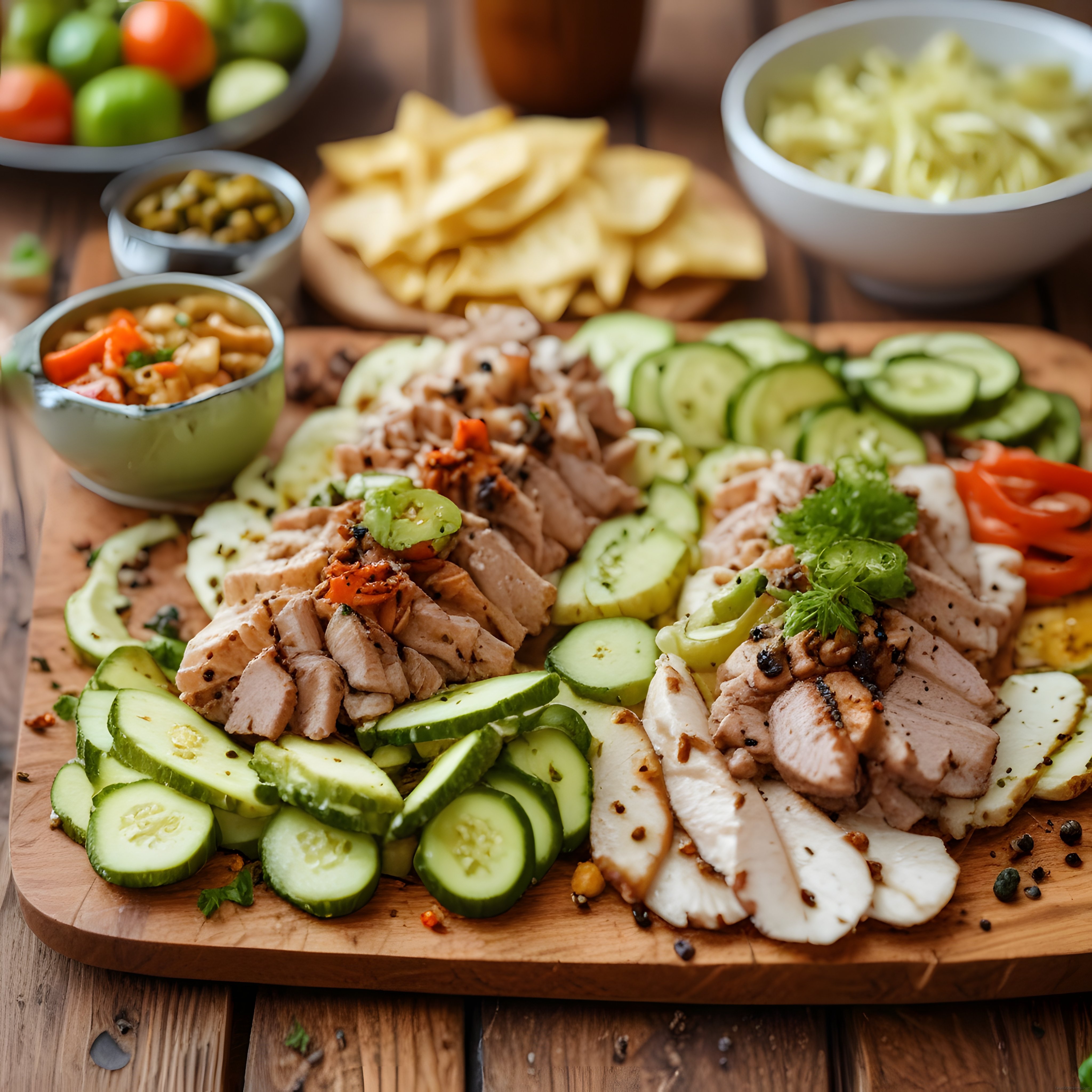 Ahşap tahtada ızgara tavuk, salatalık ve peynirle sağlıklı protein tabağı