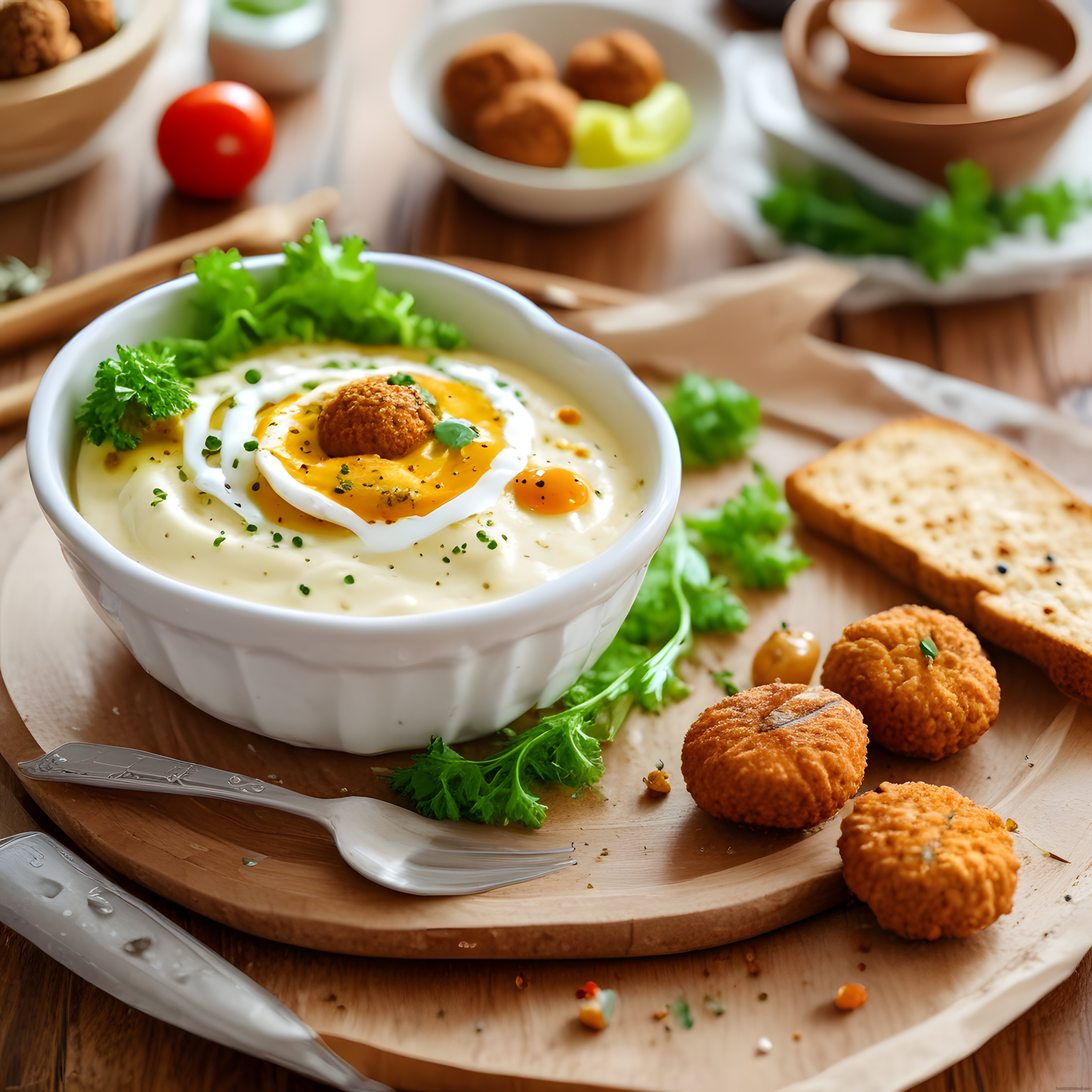 Ahşap tahtada kremalı çorba ve falafel toplarıyla davetkar sunum