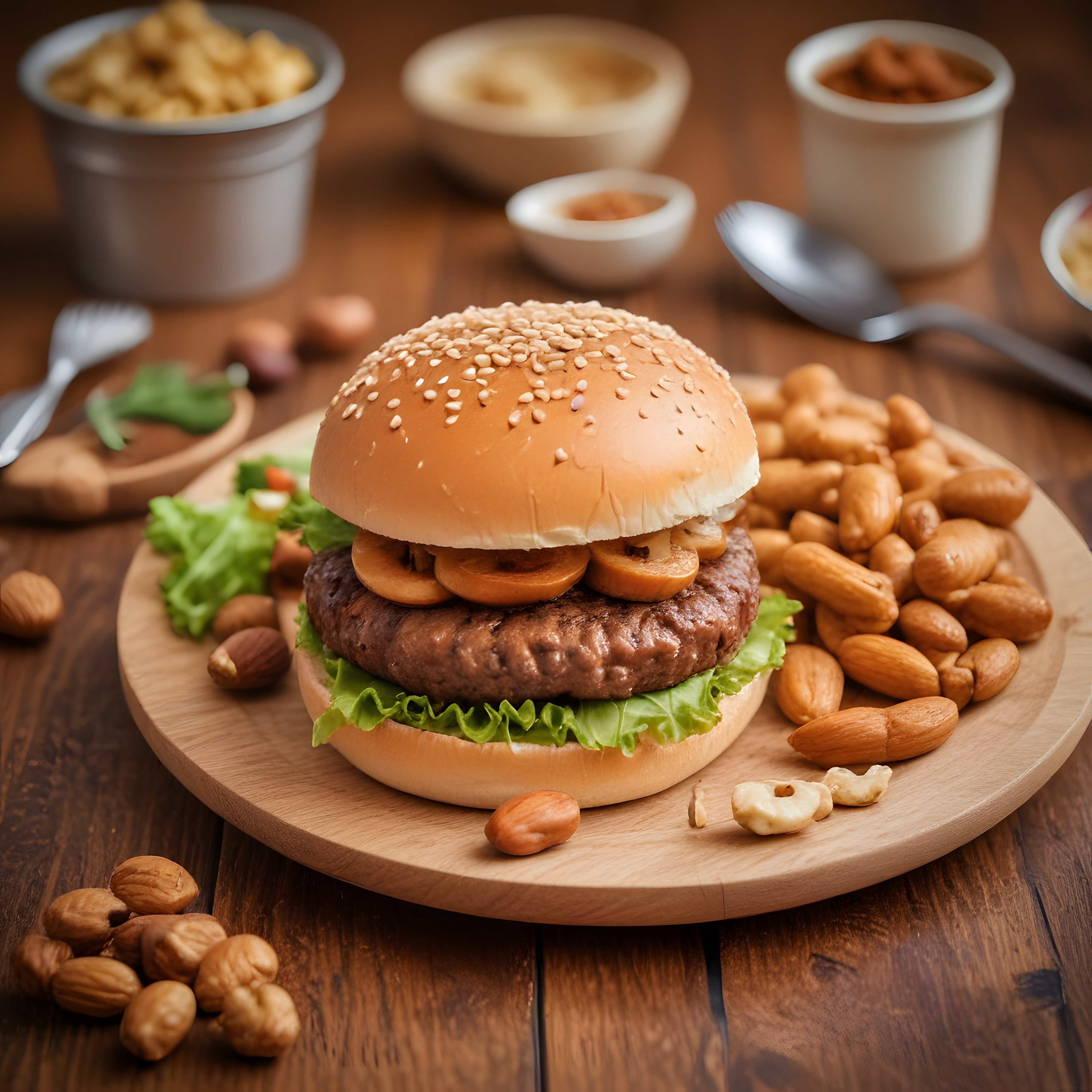 Ahşap Tahtada Kuruyemiş ve Mantarlı Susamlı Hamburger Sunumu
