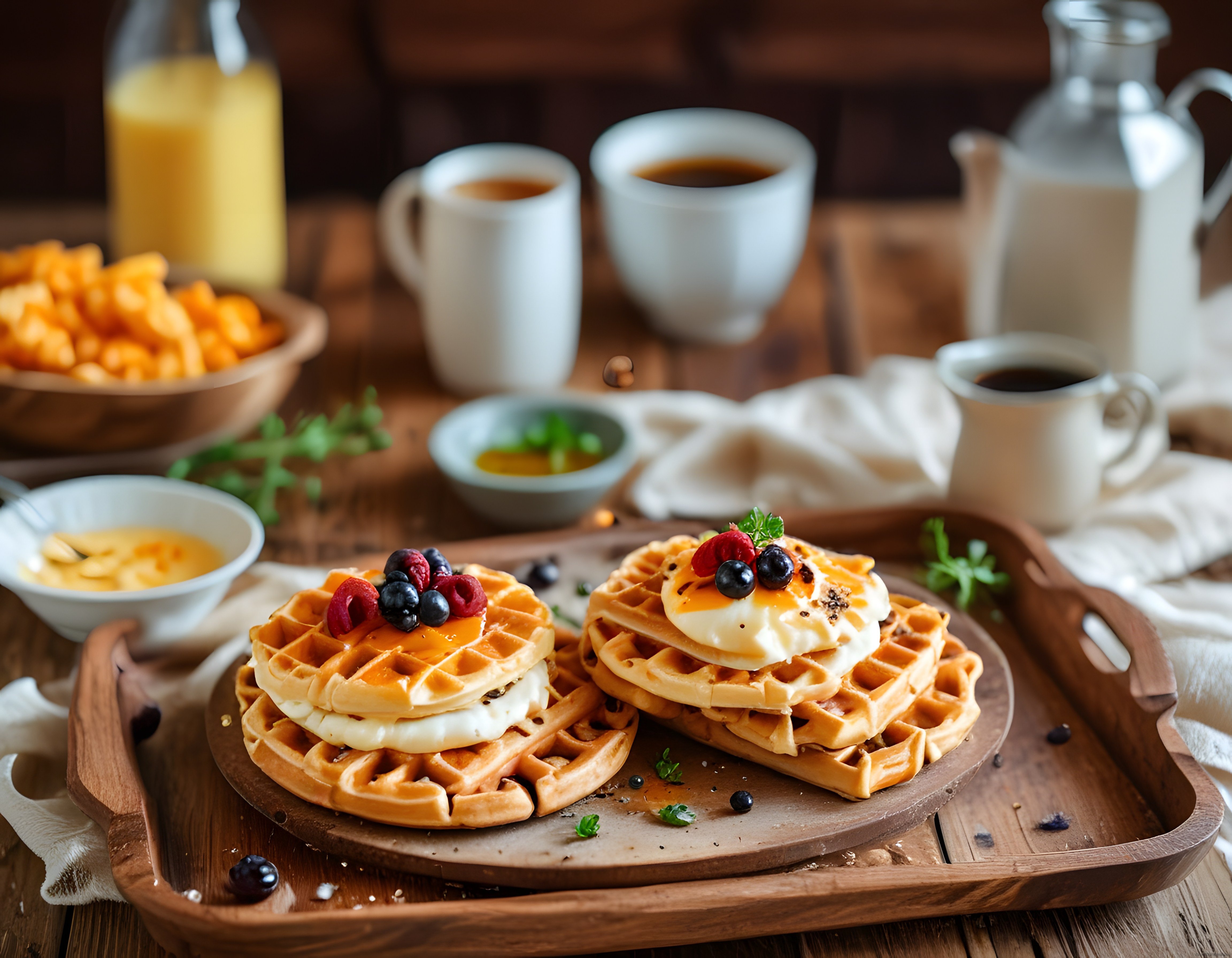 Ahşap tahtada meyveli waffle ve kahve eşliğinde sıcak kahvaltı sunumu