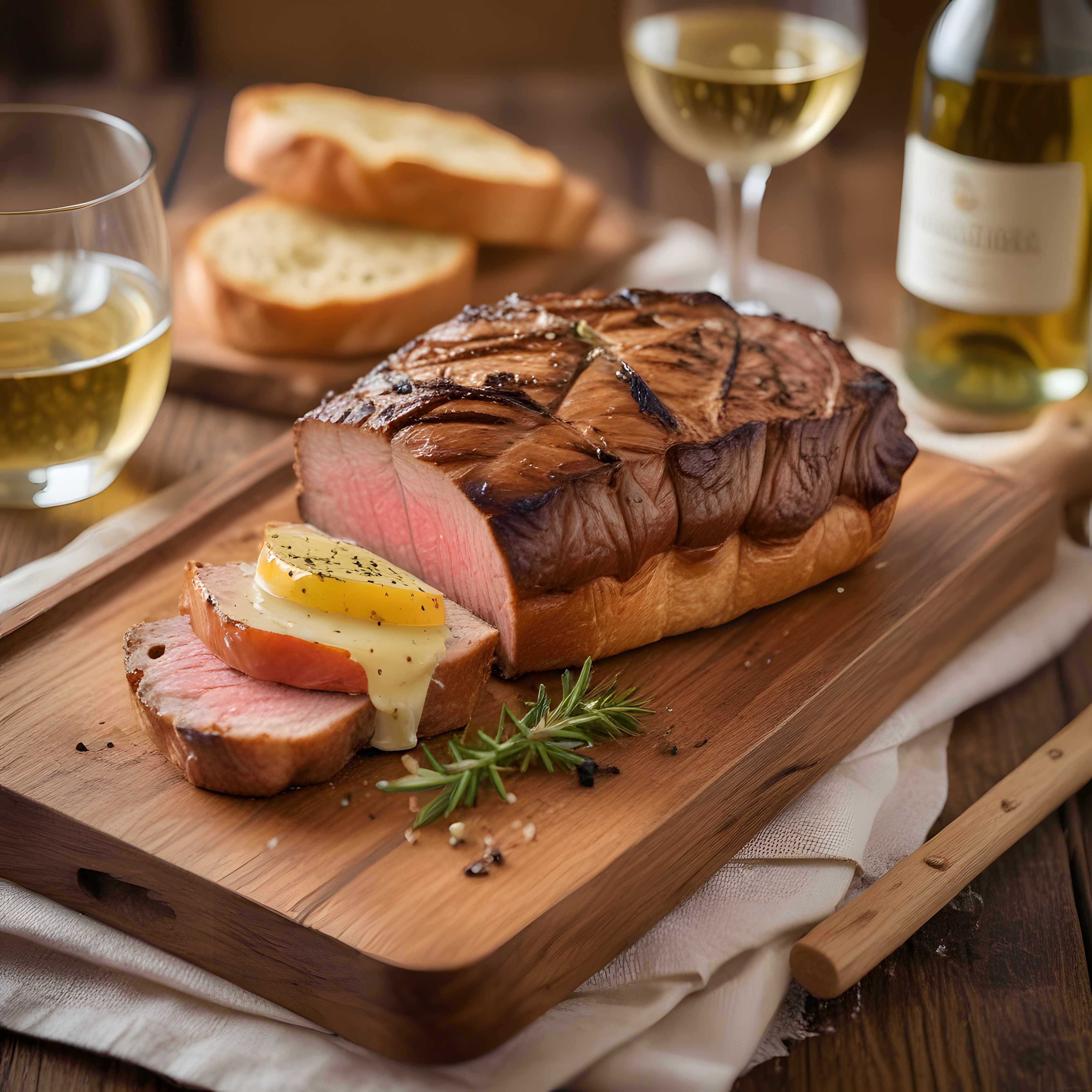 Ahşap Tahtada Orta Pişmiş Izgara Roast Beef ve Beyaz Şarap Eşleşmesi