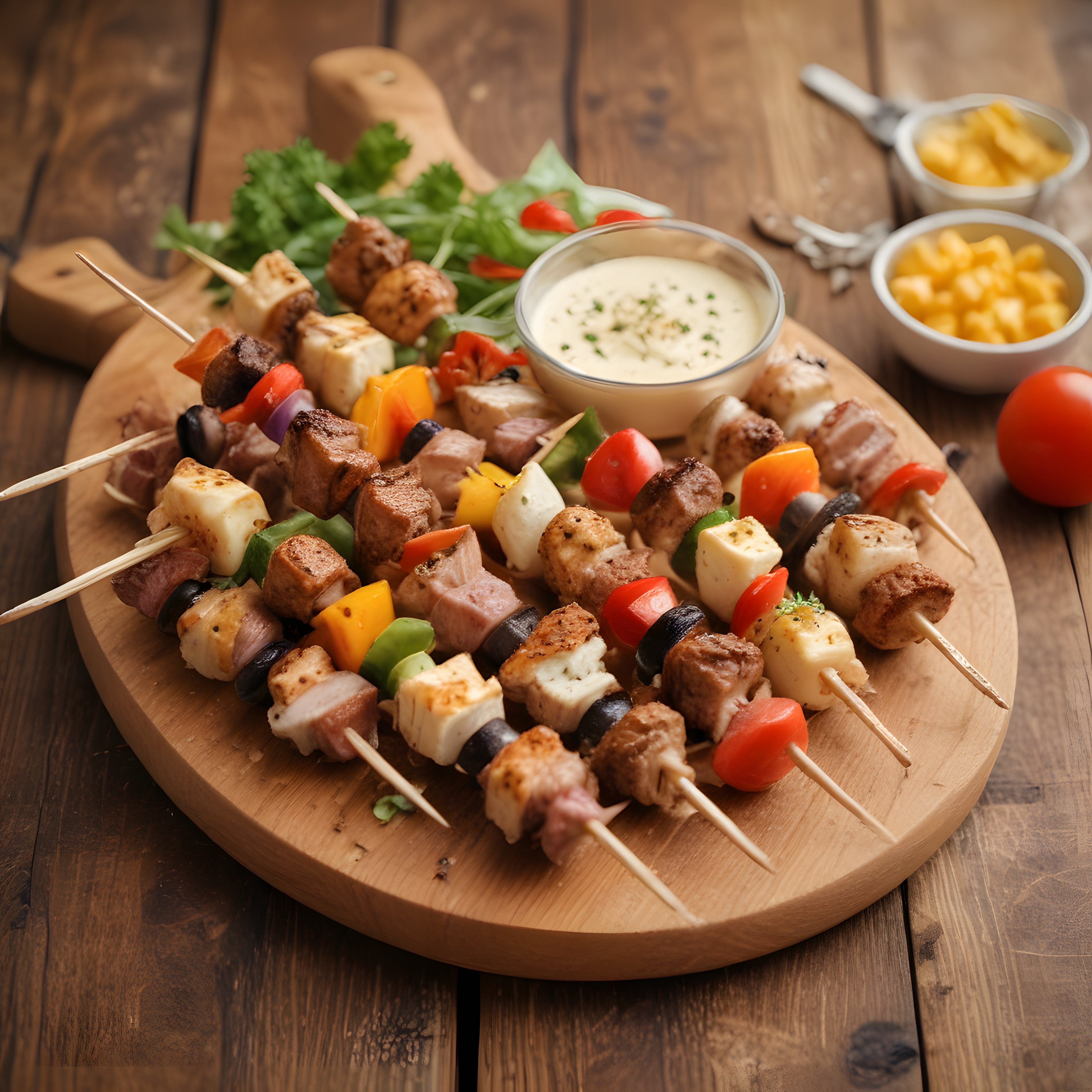 Ahşap Tahtada Renkli Sebzeli Peynirli ve Etli Şiş Kebap Çeşitleri