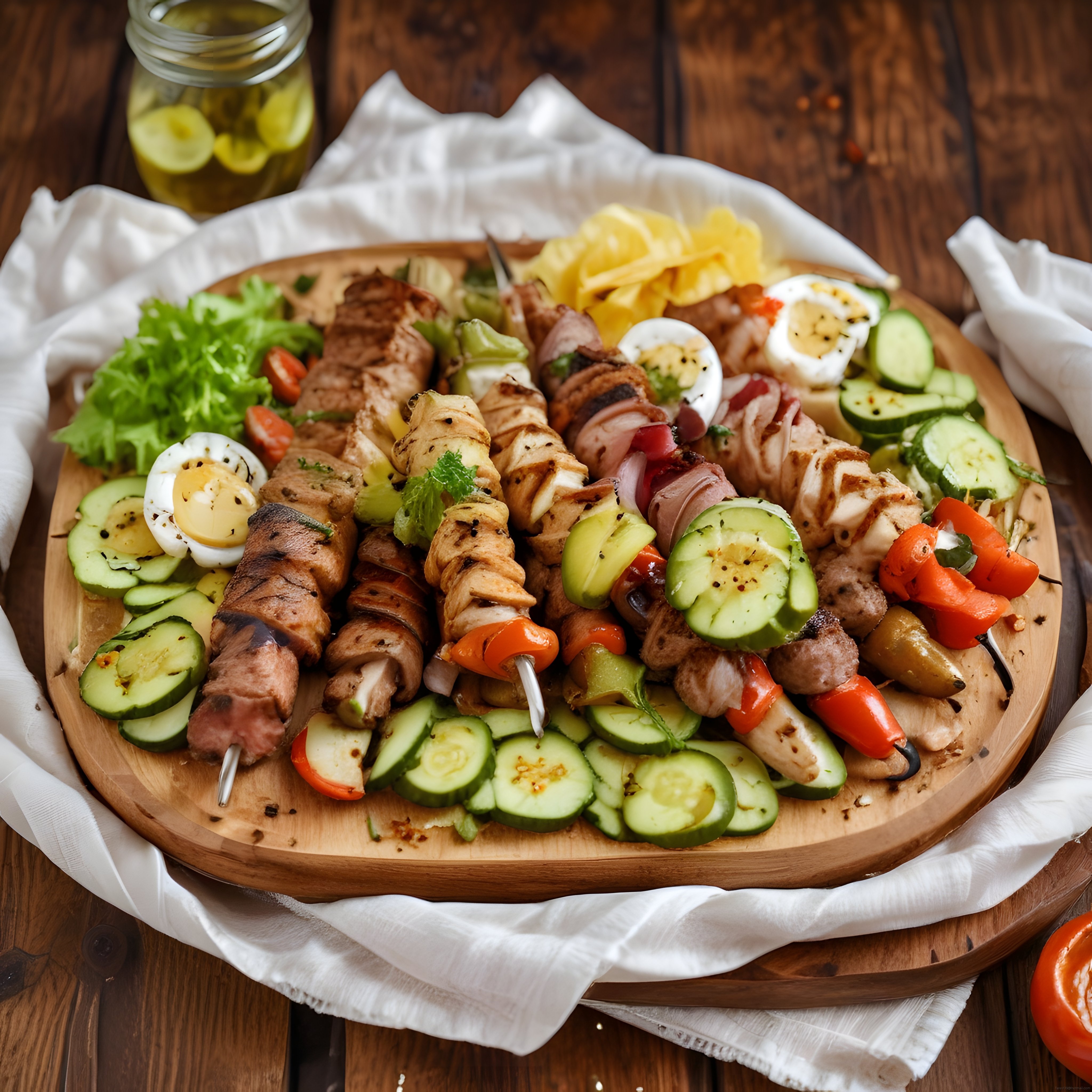 Ahşap Tahtada Şiş Kebap, Izgara Et ve Renkli Sebzeler ile Davet Sofrası