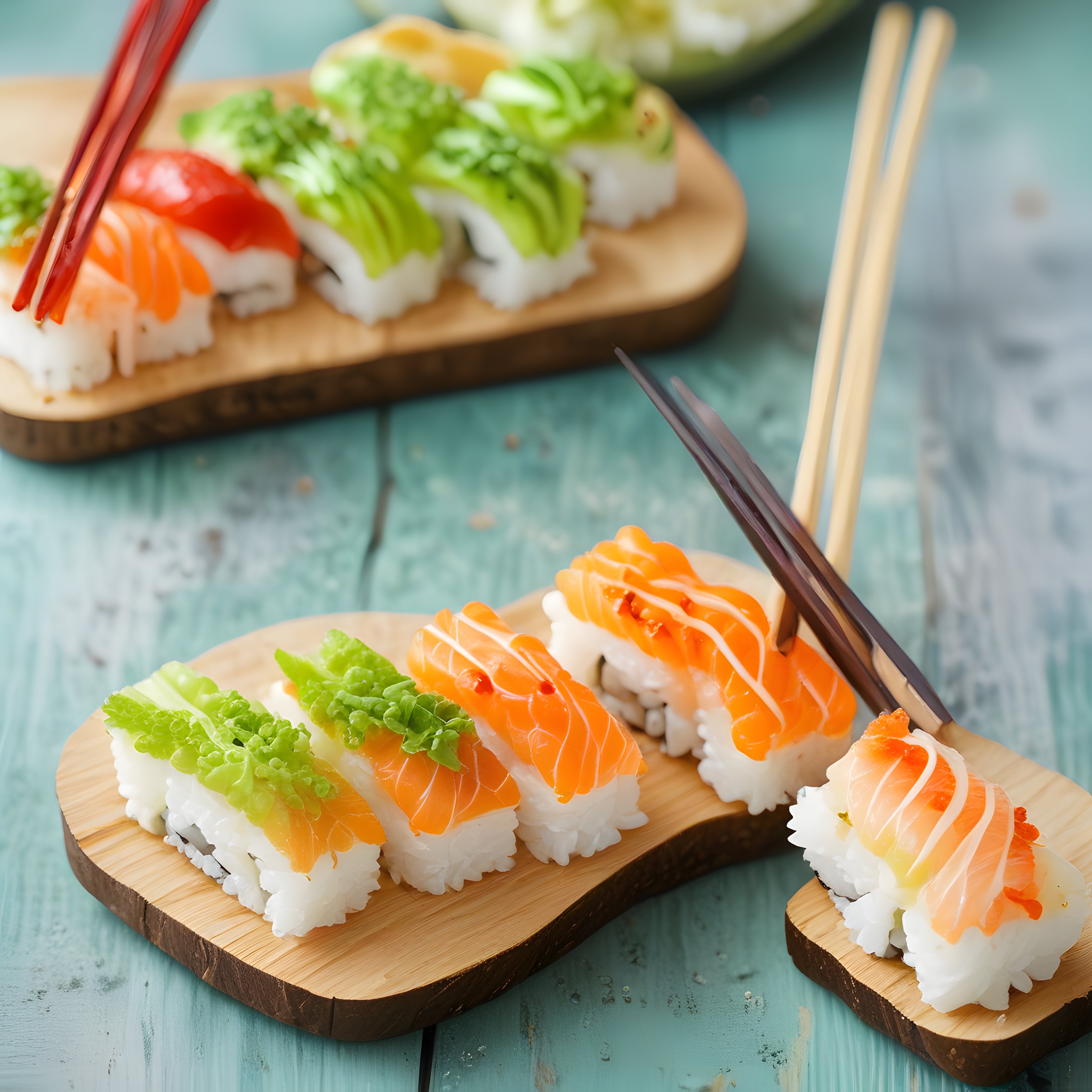 Ahşap tahtada somon ve avokadolu sushi dilimleri, yanında yemek çubukları