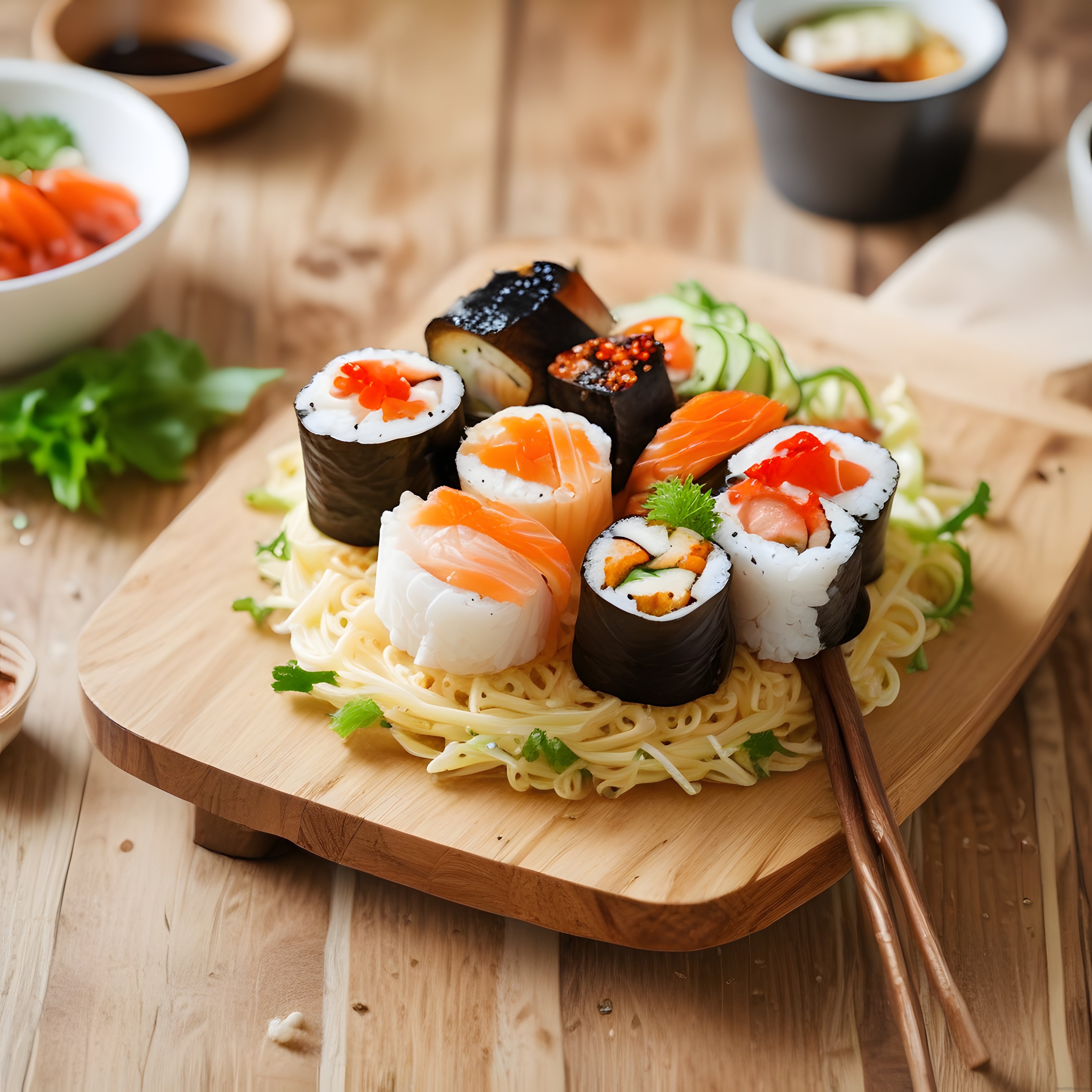 Ahşap tahtada somonlu nigiri ve kırmızı havyarlı makilerden şık sushi sunumu