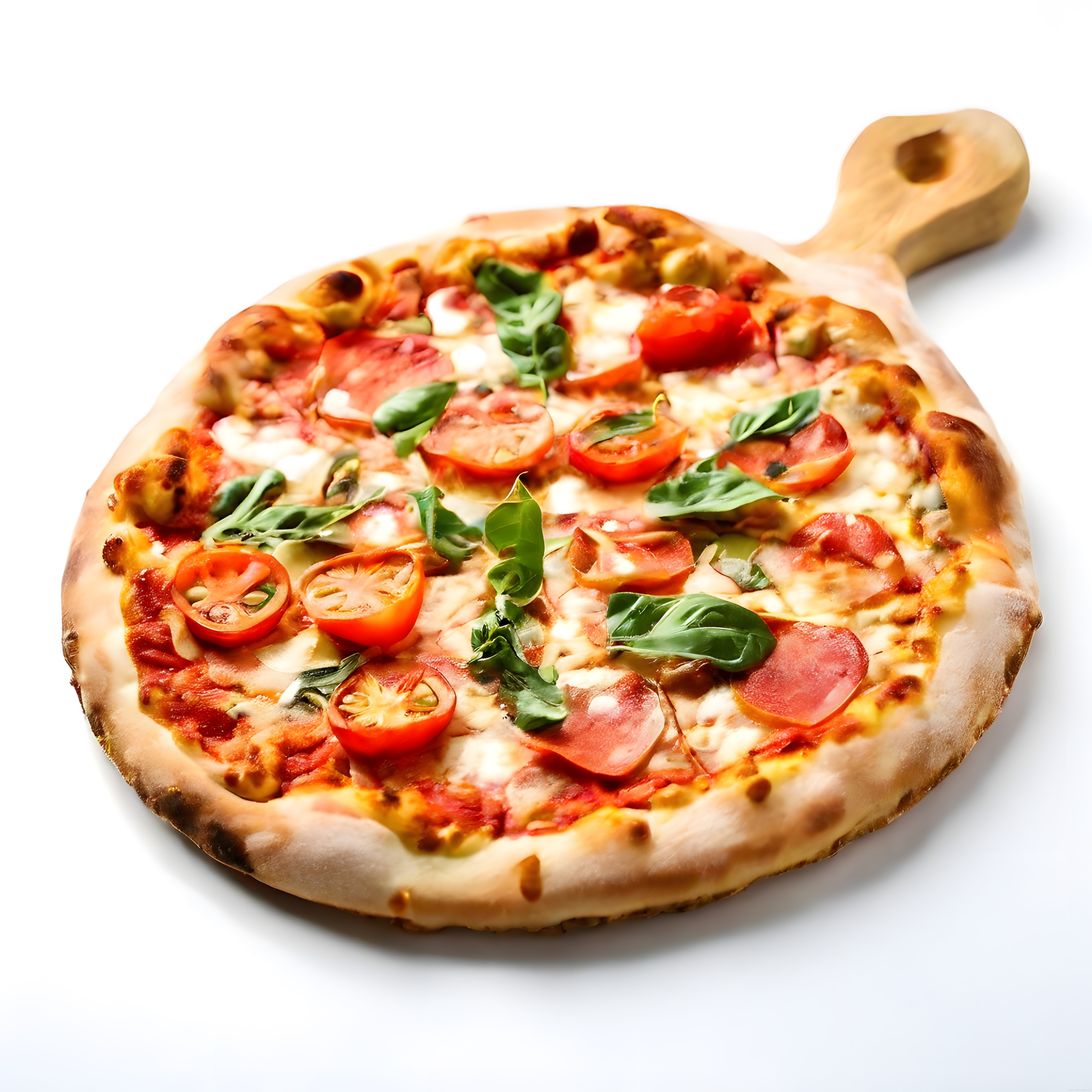 Ahşap Tahtada Sunulan Kabarmış Kenarlı Pepperoni ve Fesleğenli Pizza