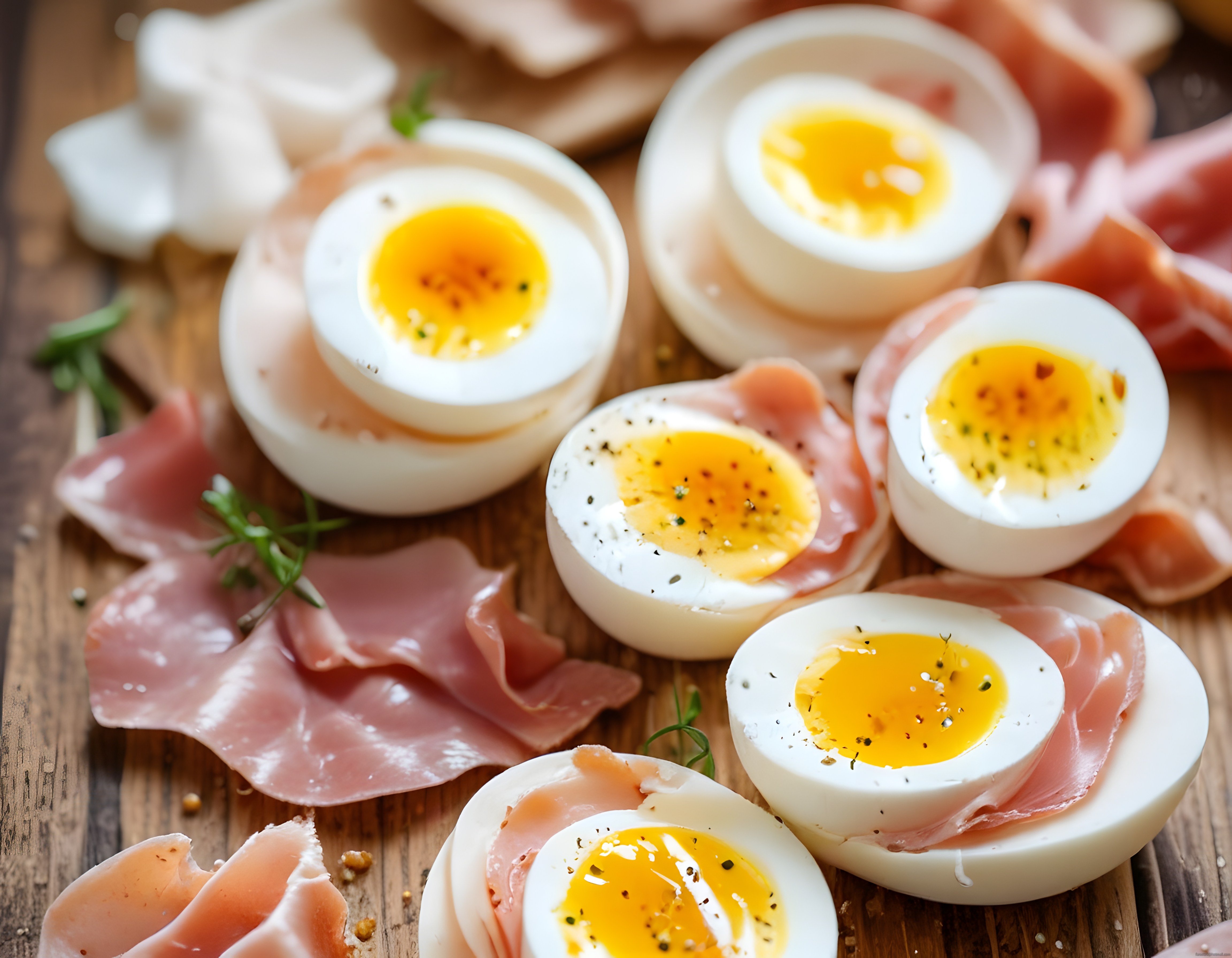 Ahşap Tahtada Yumuşak Haşlanmış Yumurta ve İnce Dilim Jambon Sunumu