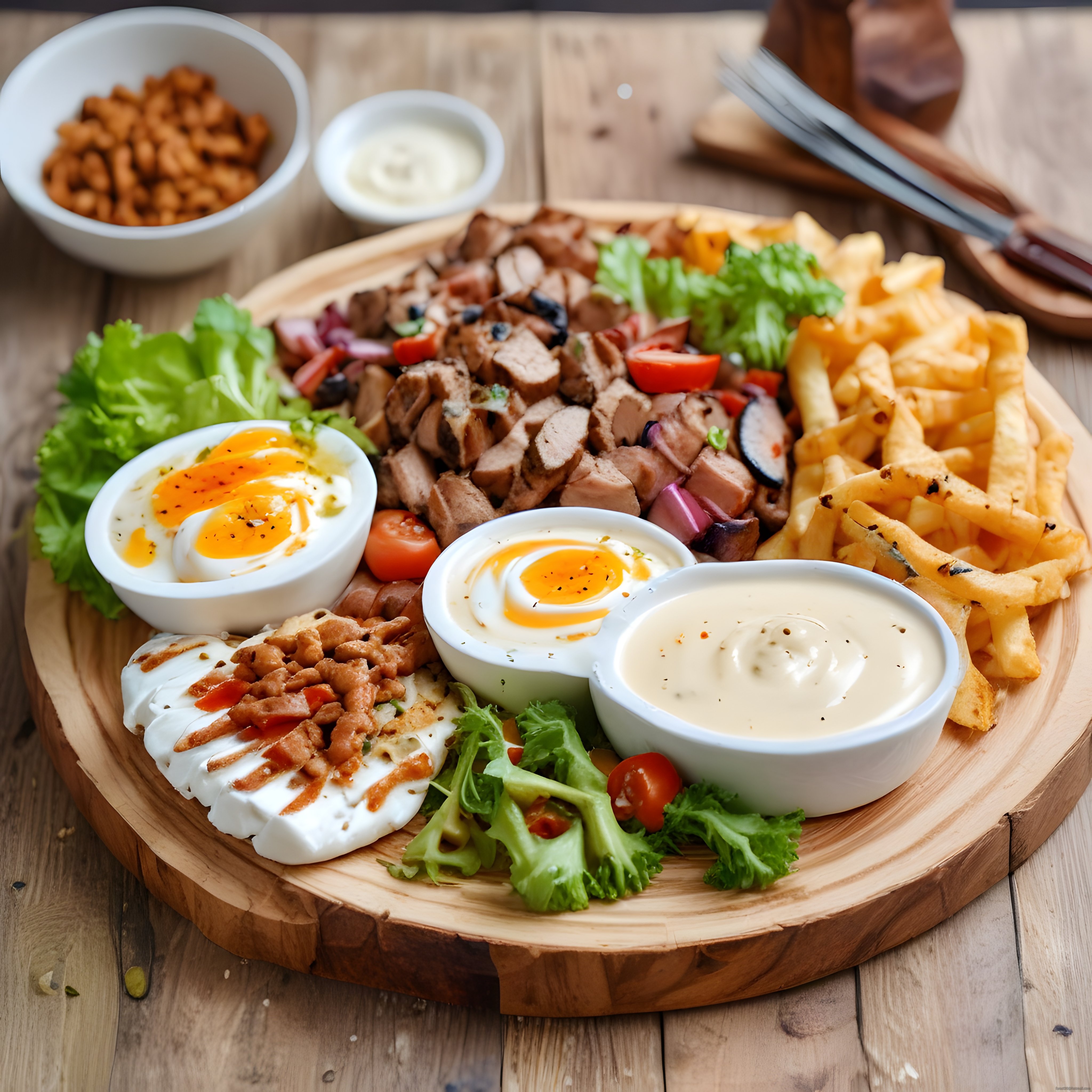 Ahşap Tahtada Zengin Kahvaltı Sunumu: Et, Yumurta ve Patates Tabağı