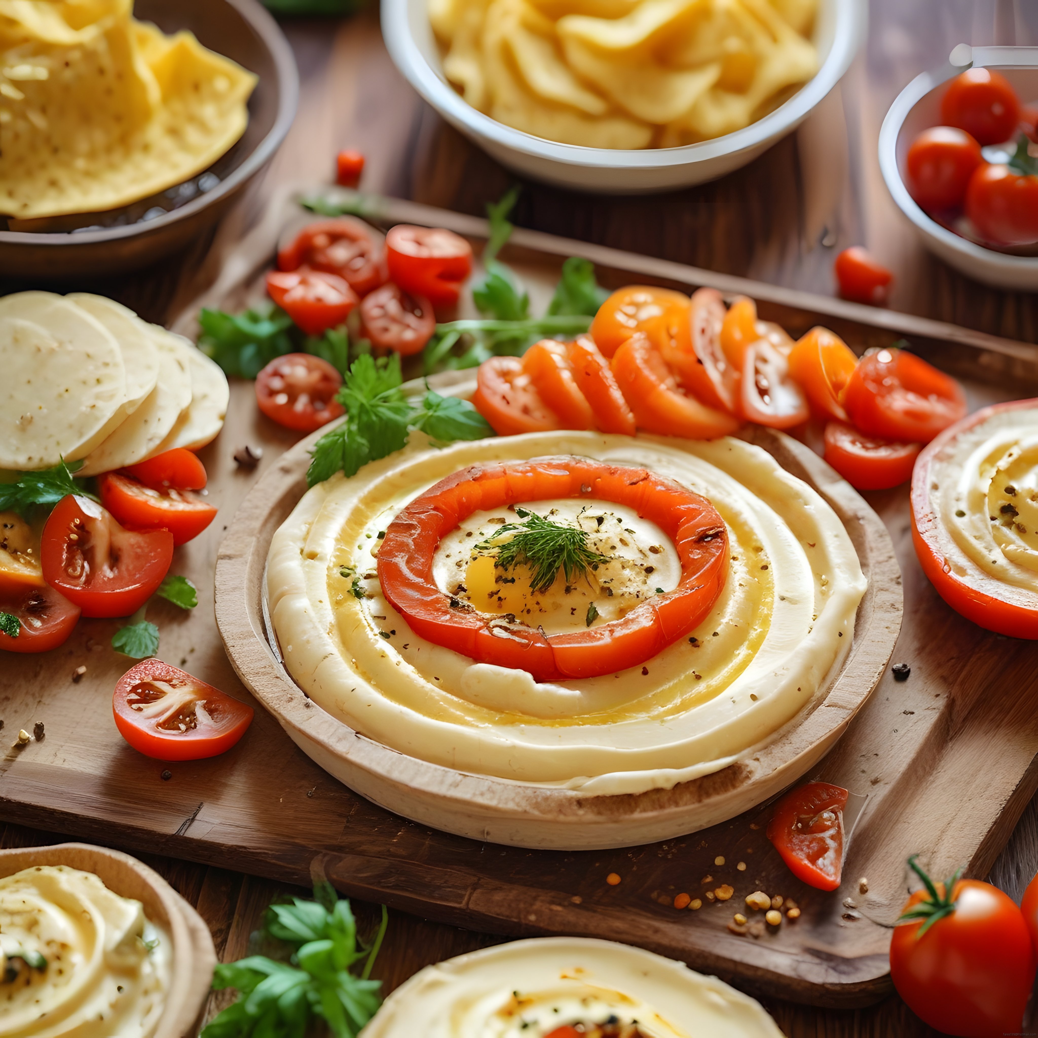 Ahşap Taş Sunumda Humus, Peynir Dolması ve Taze Domates Mezeleri