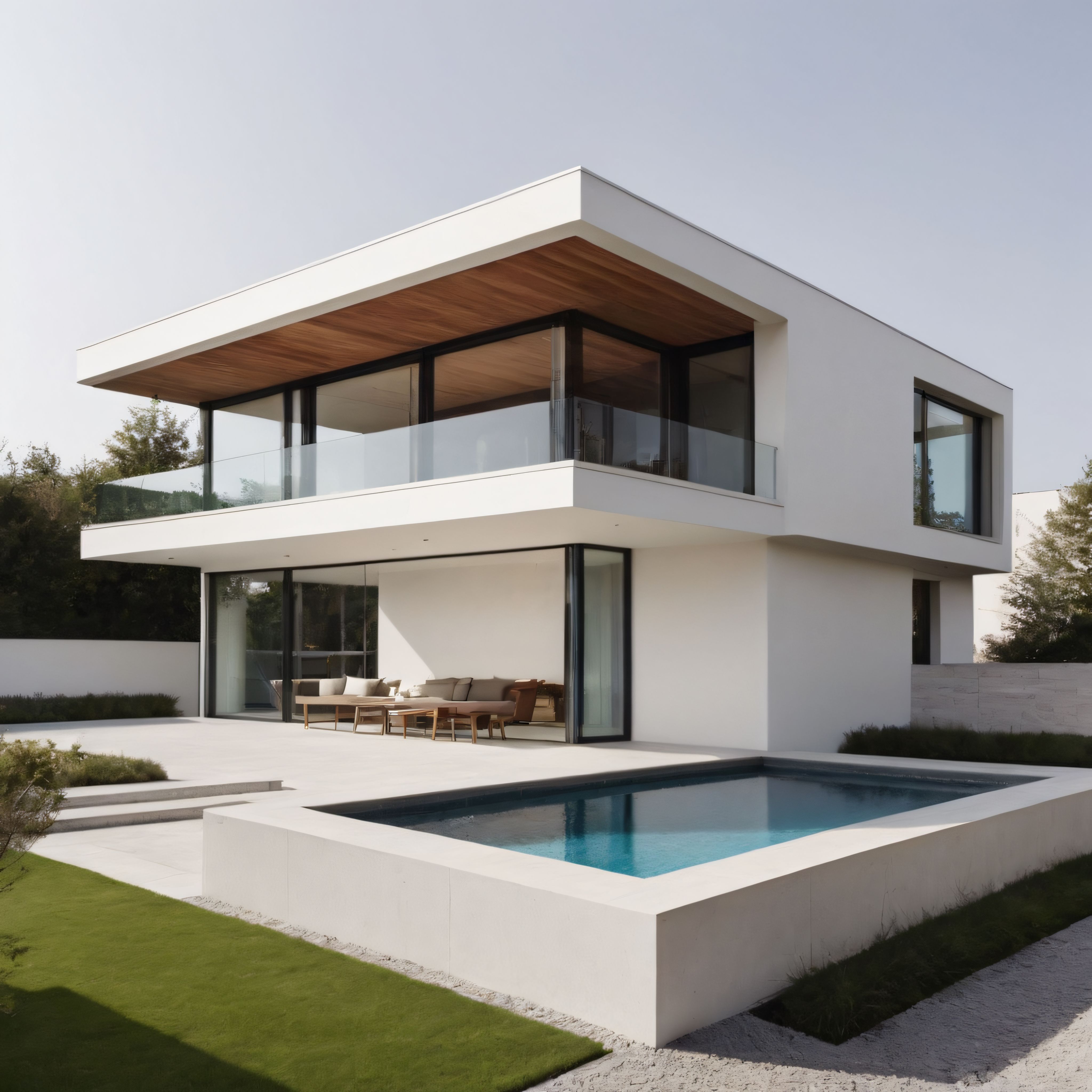 Ahşap tavan detaylı büyük cam cepheli ve havuzlu modern villa tasarımı