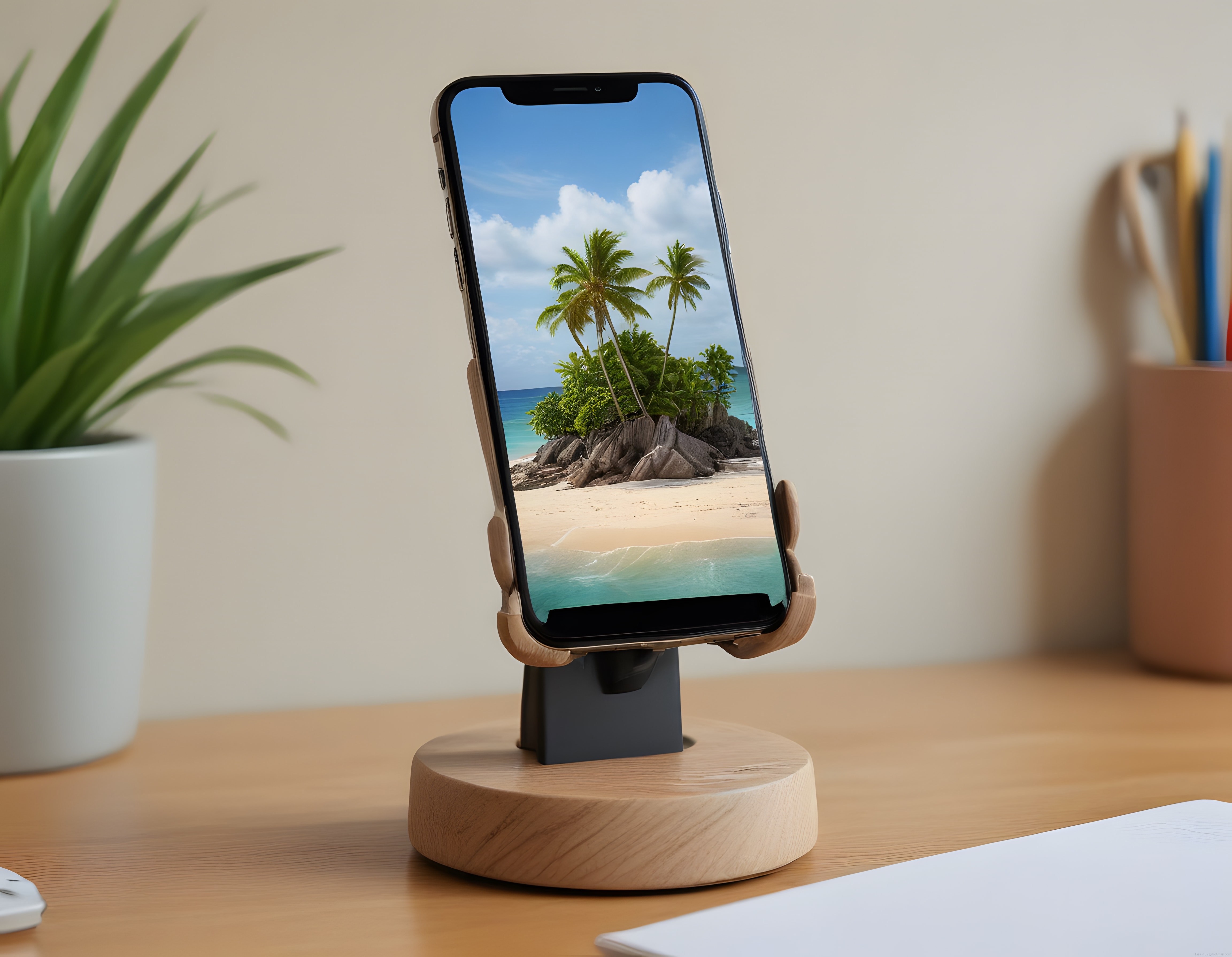 Ahşap Telefon Standında Tropikal Plaj Duvar Kağıdı ve Minimal Masa Düzeni