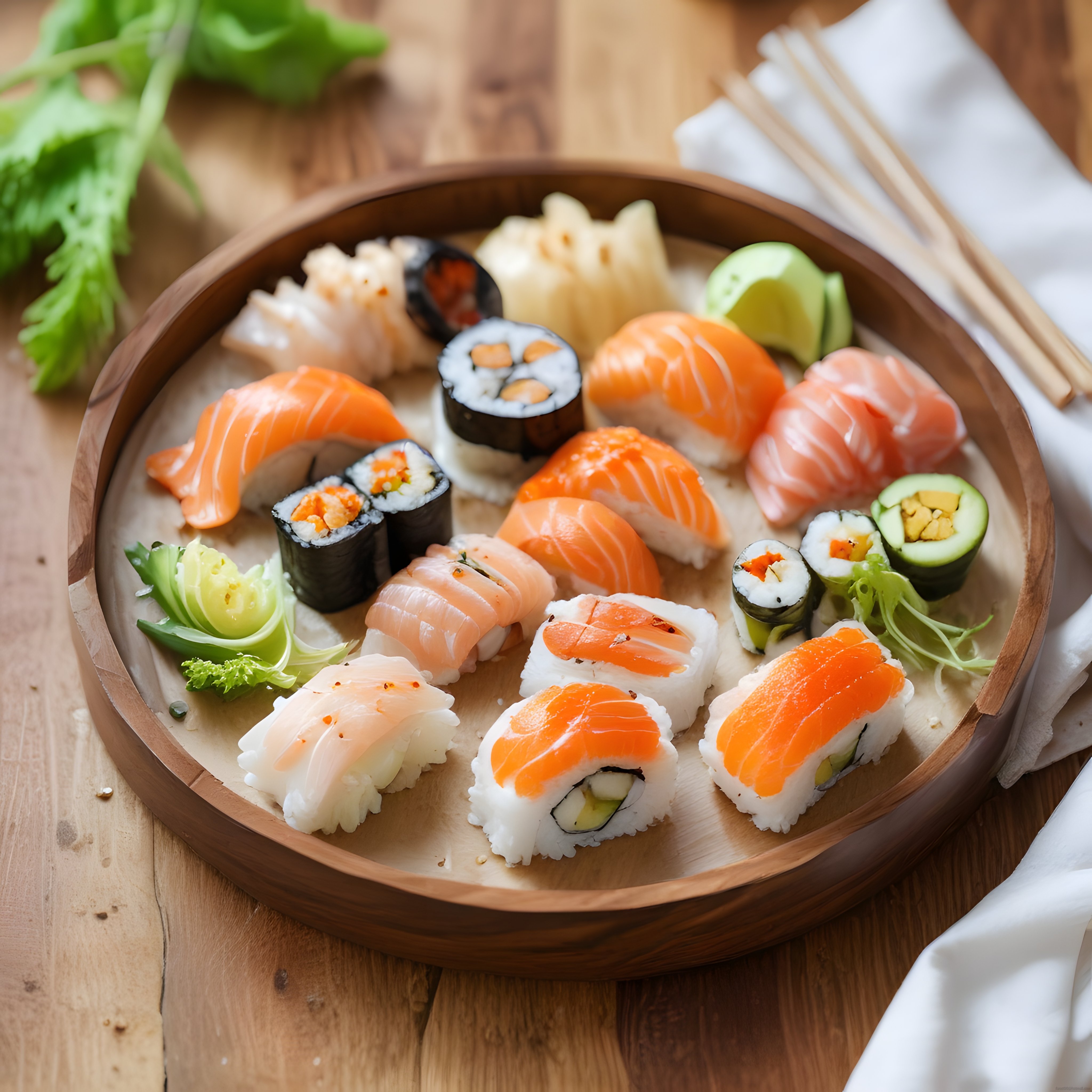 Ahşap Tepede Renkli Sushi Çeşitleri: Somonlu Nigiri ve Avokadolu Makiler
