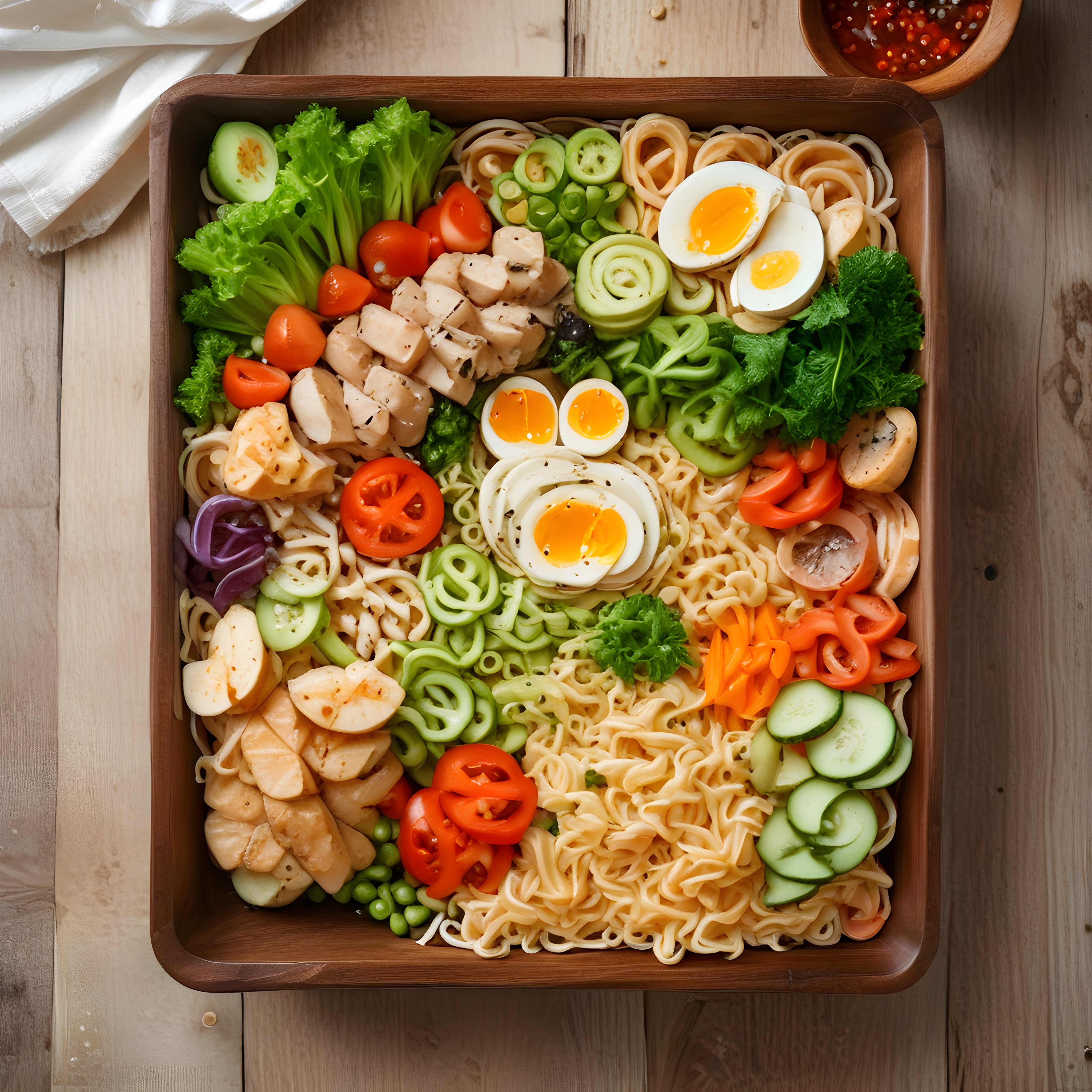Ahşap tepsi sunumlu tavuklu sebzeli renkli ve besleyici noodle salatası
