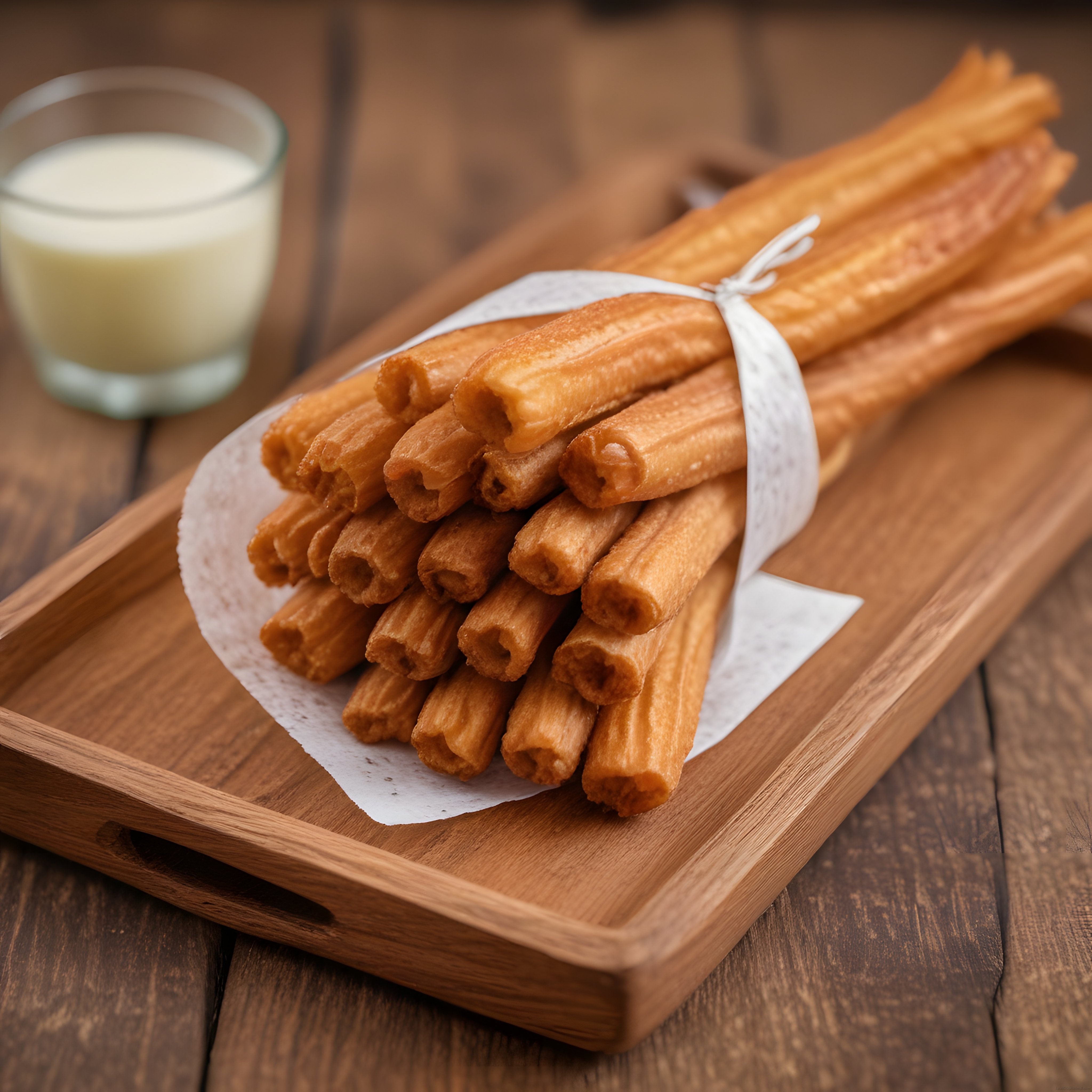 Ahşap Tepsi Üzerinde Altın Sarısı Çıtır Churros ve Soslu Tatlı Sunumu