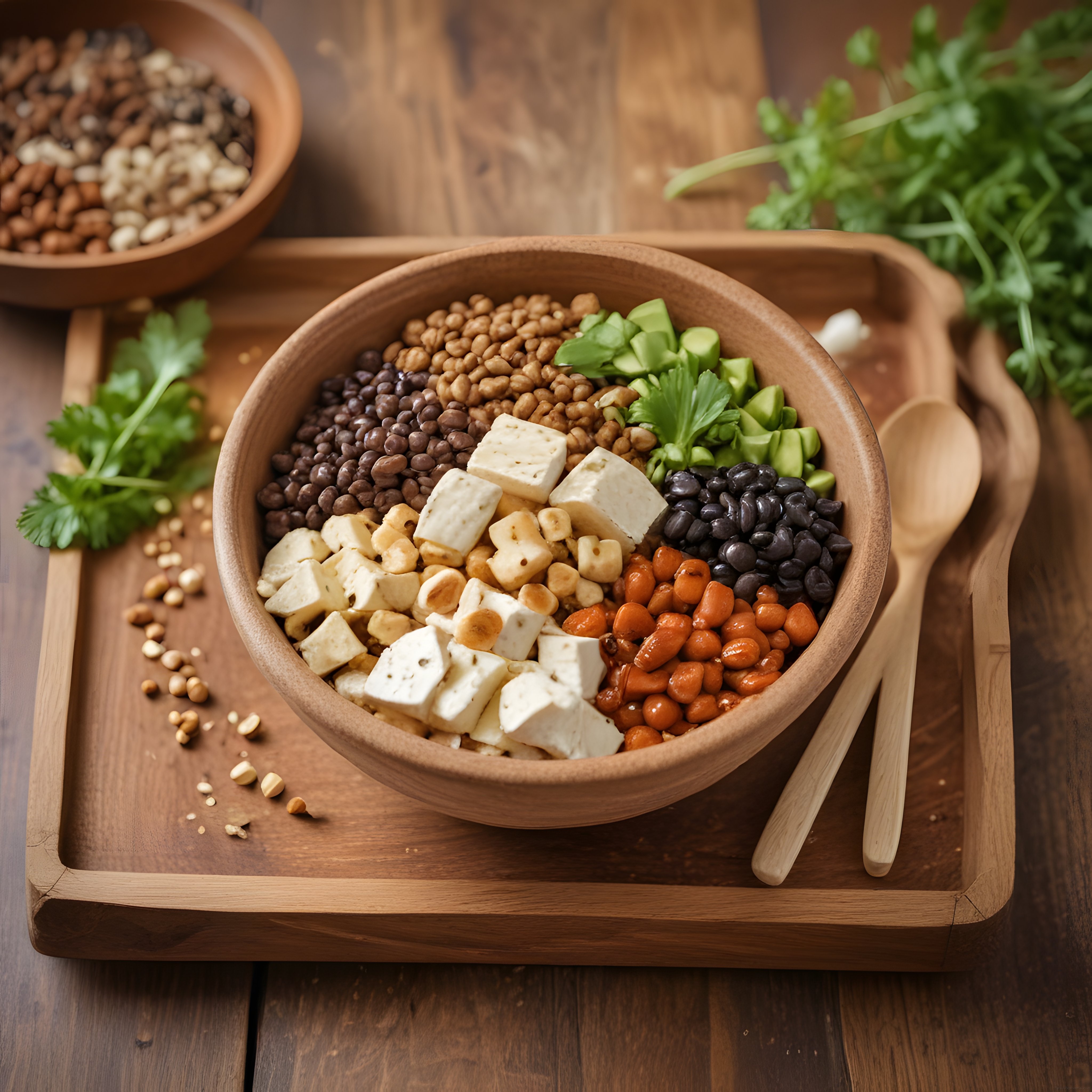 Ahşap Tepsi Üzerinde Bakliyatlı Peynirli ve Avokadolu Sağlıklı Protein Kasesi
