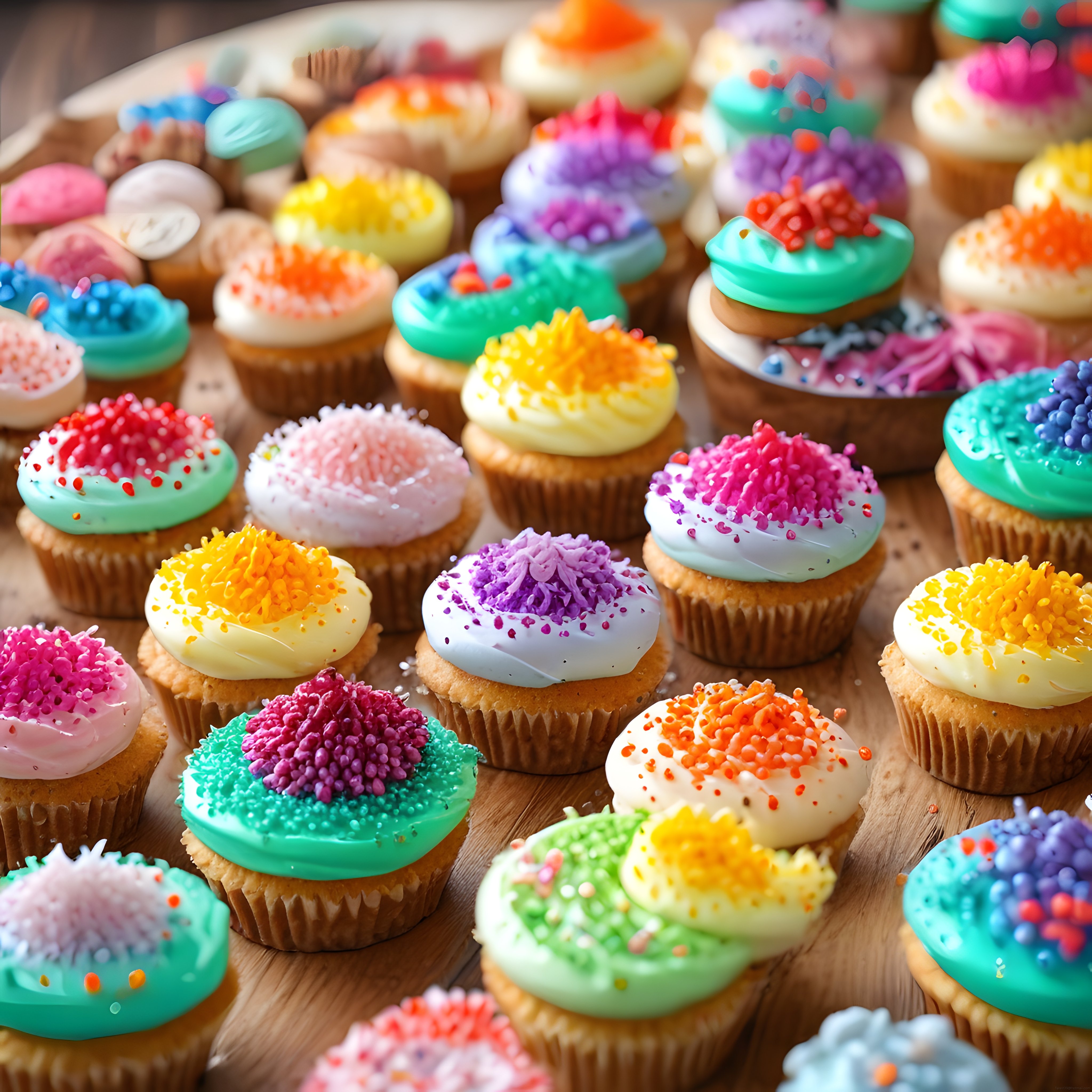 Ahşap Tepsi Üzerinde Çeşitli Renklerde Süslü Mini Cupcake Koleksiyonu