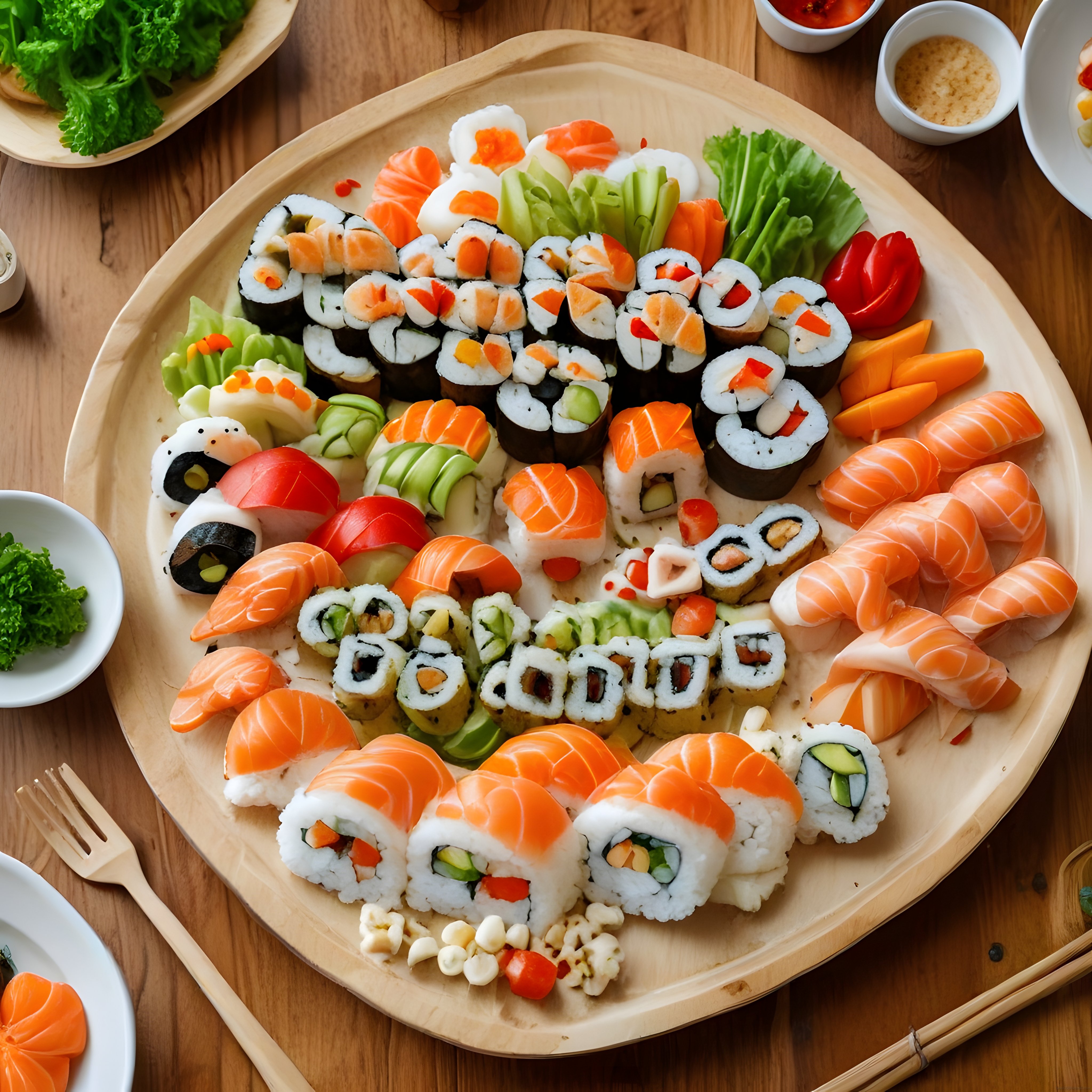 ahşap tepsi üzerinde çeşitli sushi ve sashimi çeşitlerinin özenli sunumu
