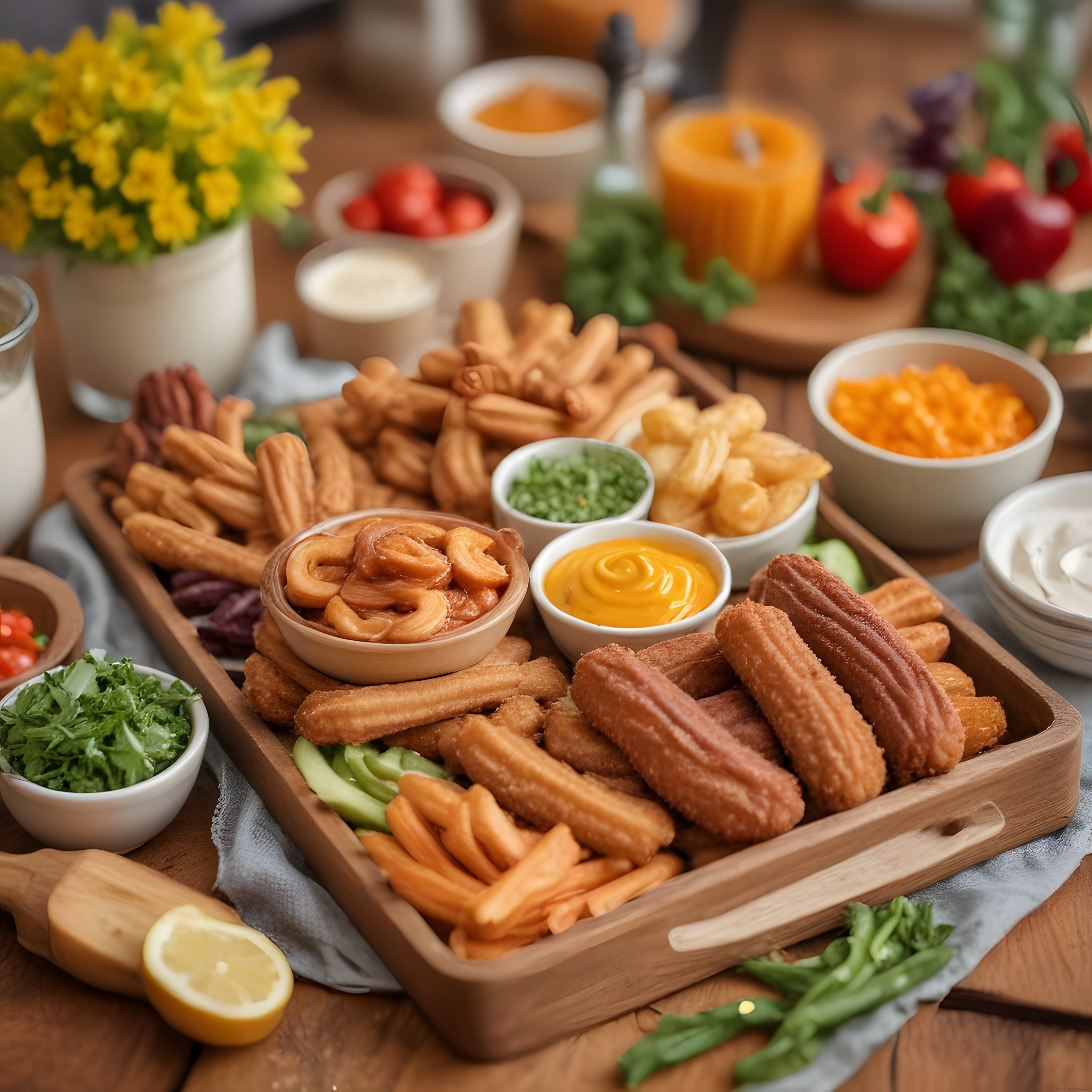 ahşap tepsi üzerinde churro kızartma ve özel soslarla nefis bir kahvaltı düzeni