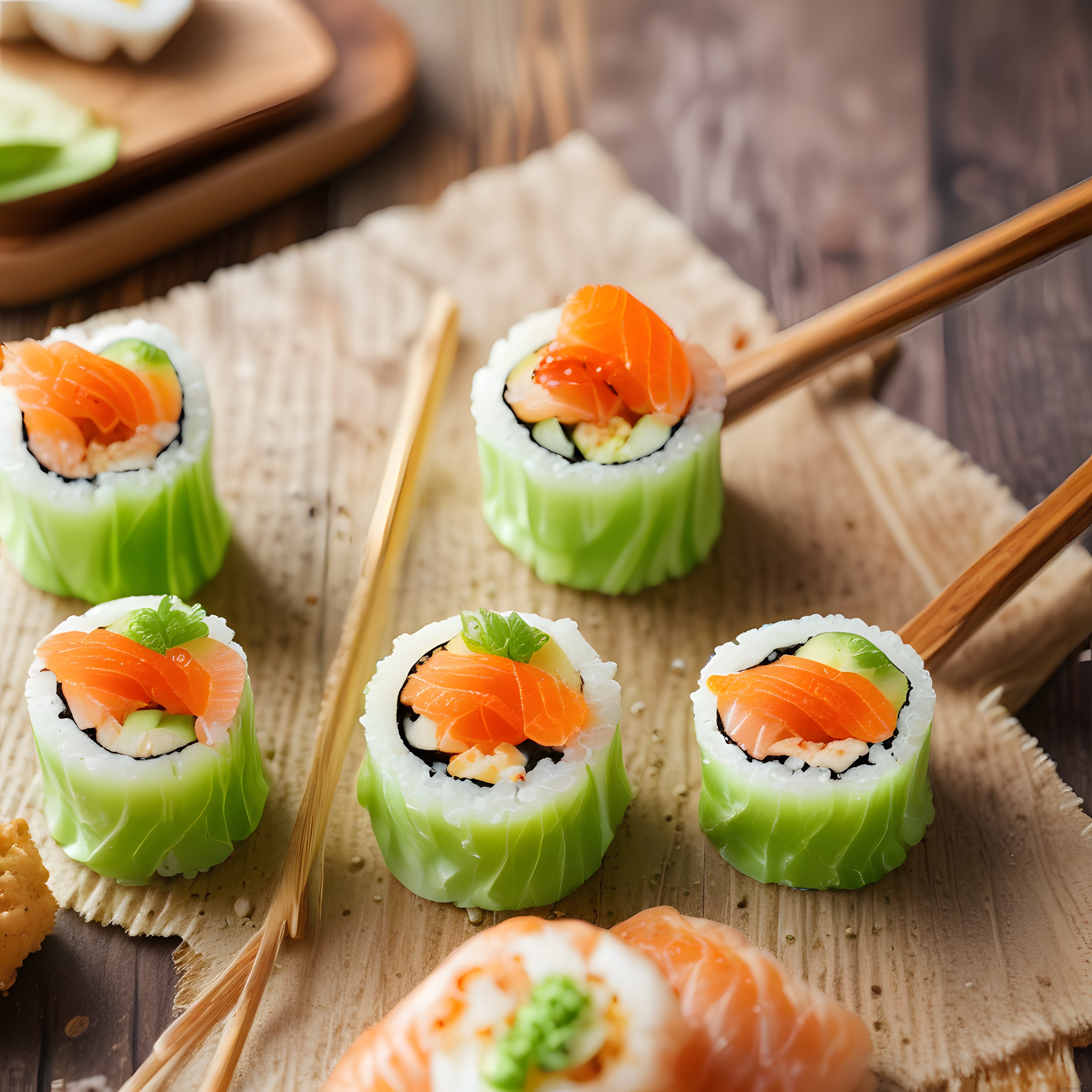 Ahşap Tepsi Üzerinde Çin Çubuğuyla Sunulan Taze Sushi Çeşitleri