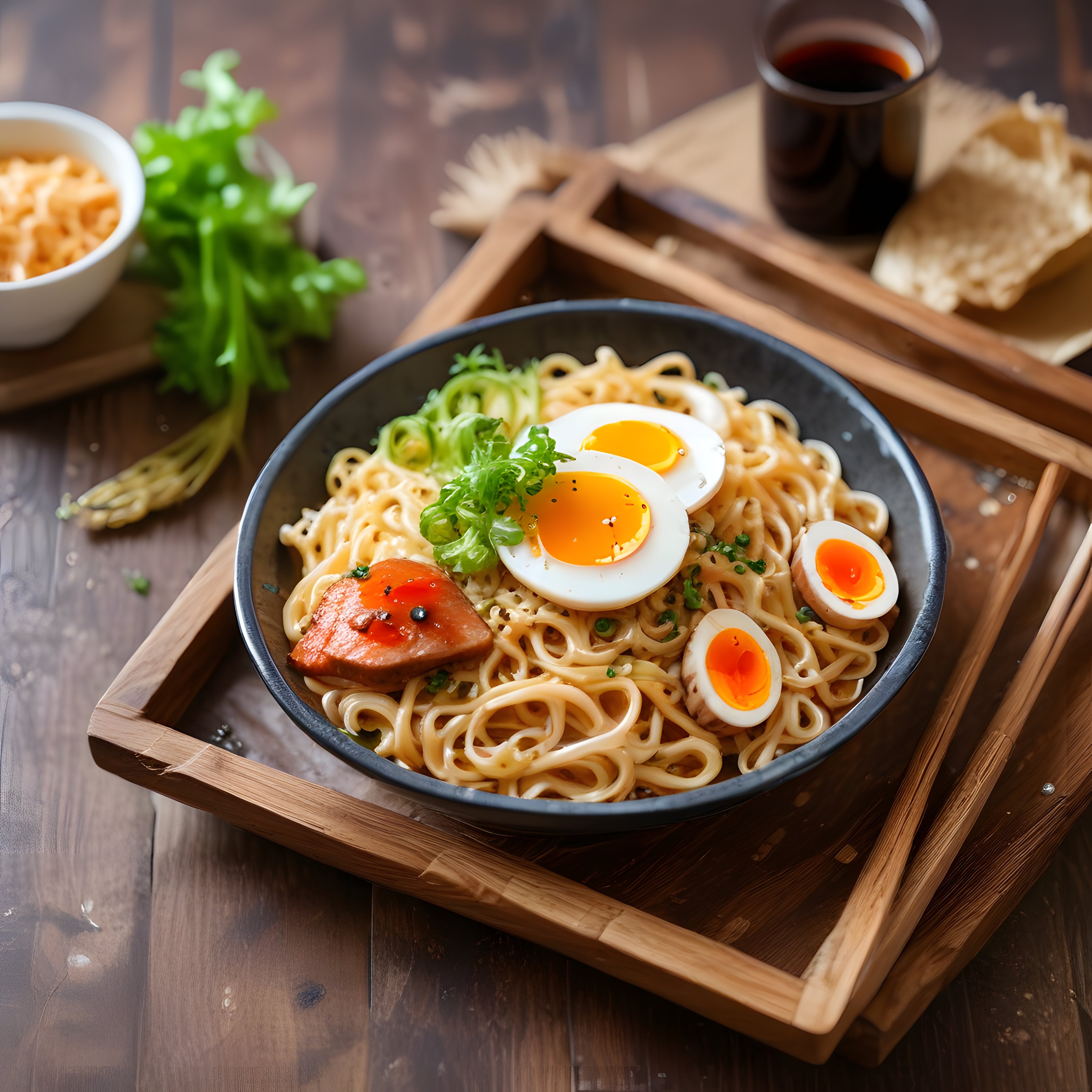 Ahşap Tepsi Üzerinde Et ve Yumurtalı Noodle Kasesi ile Japon Ramen Sunumu