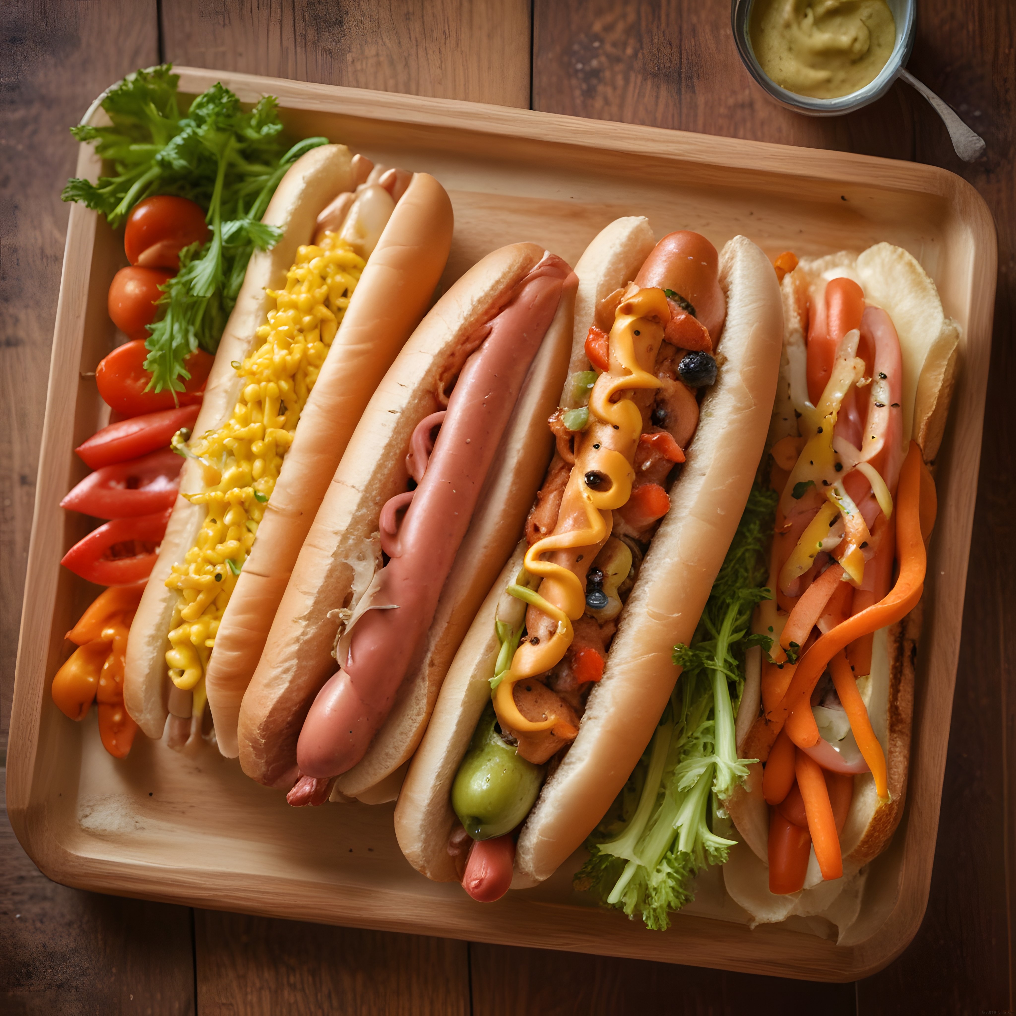 Ahşap Tepsi Üzerinde Farklı Soslarla Süslenmiş Gourmet Hot Dog Çeşitleri