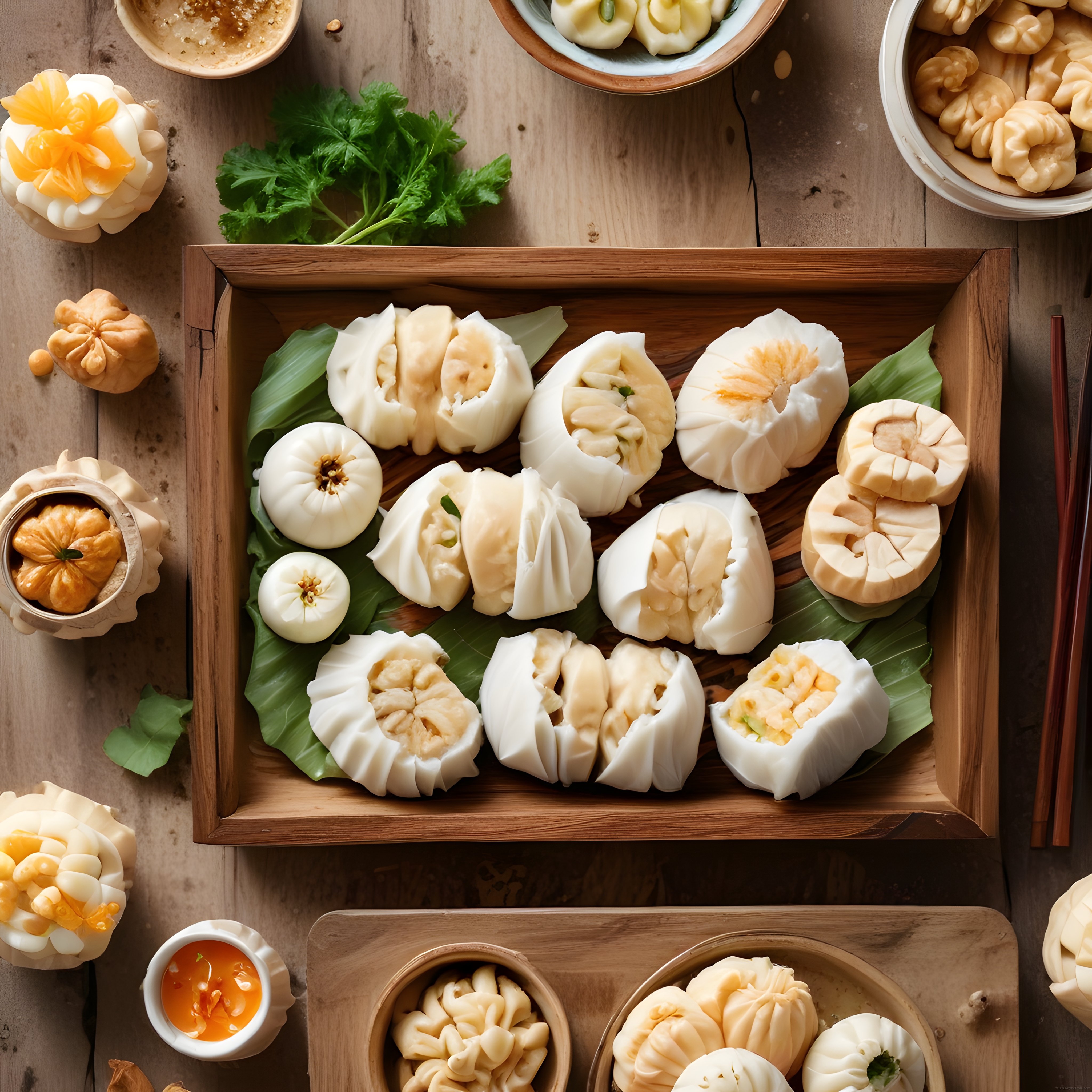 Ahşap Tepsi Üzerinde Geleneksel Çin Buharlı Çörek ve Dim Sum Çeşitleri