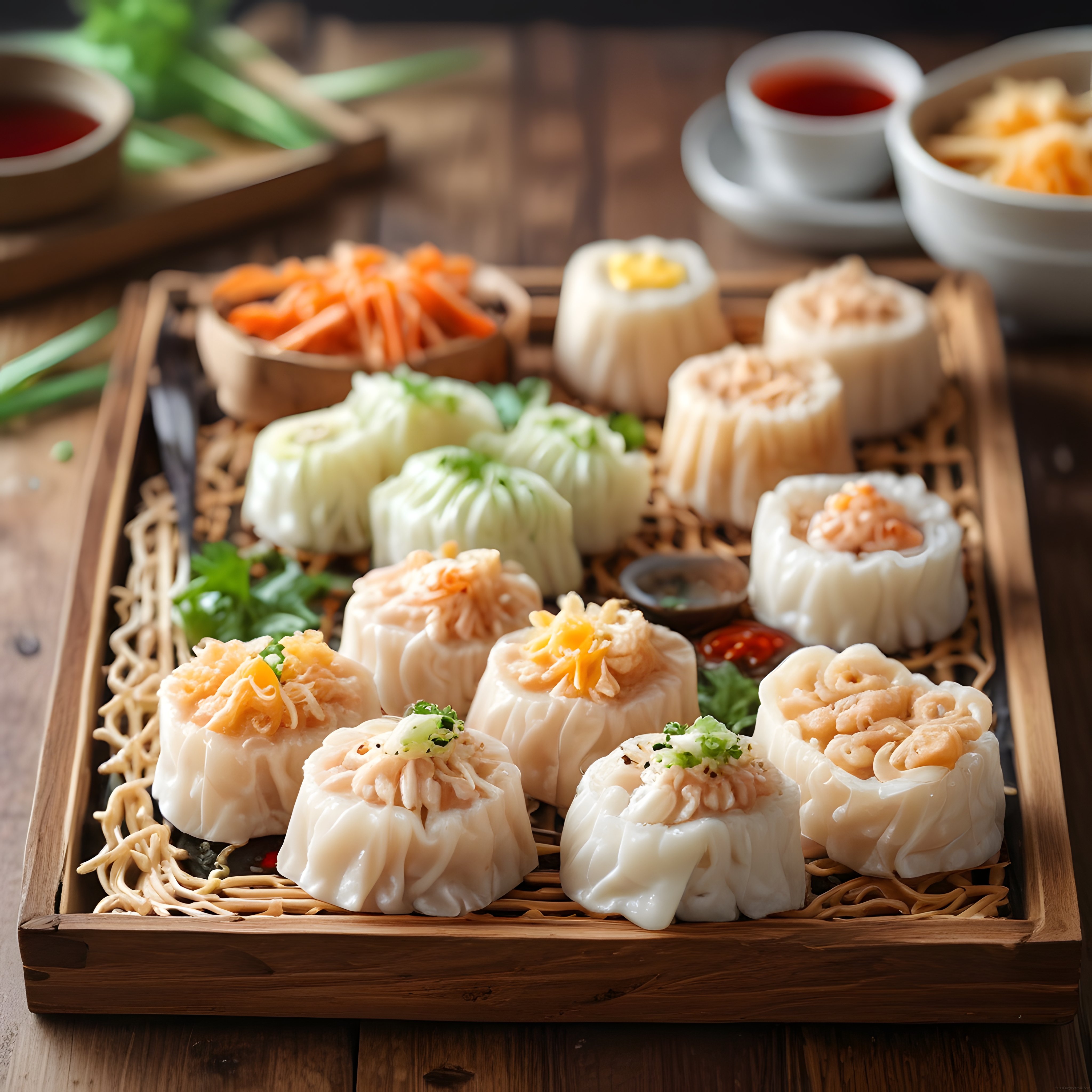 Ahşap Tepsi Üzerinde Geleneksel Çin Mantısı ve Dim Sum Sunumu