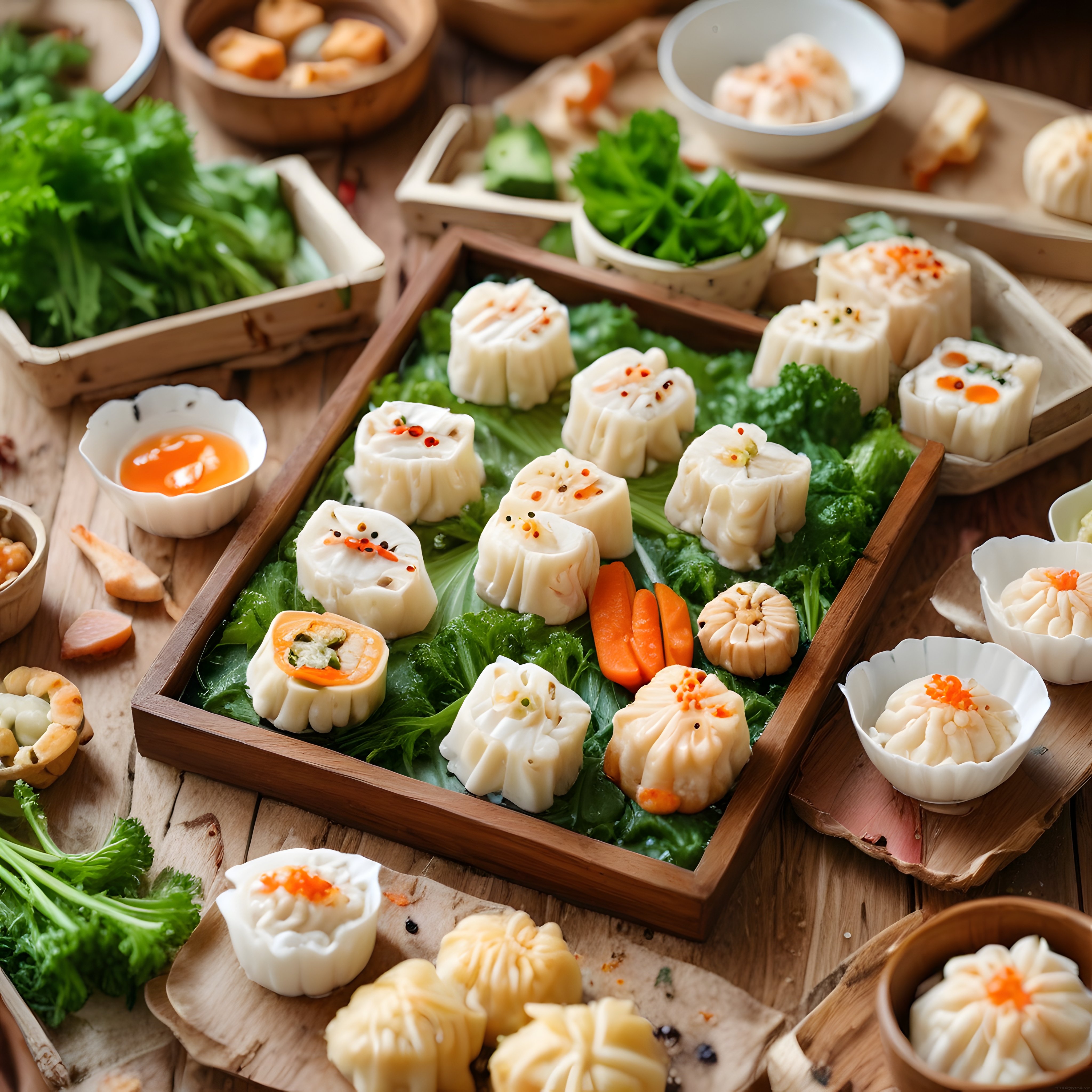 Ahşap tepsi üzerinde geleneksel dim sum ve buharda pişmiş Asya mantı çeşitleri