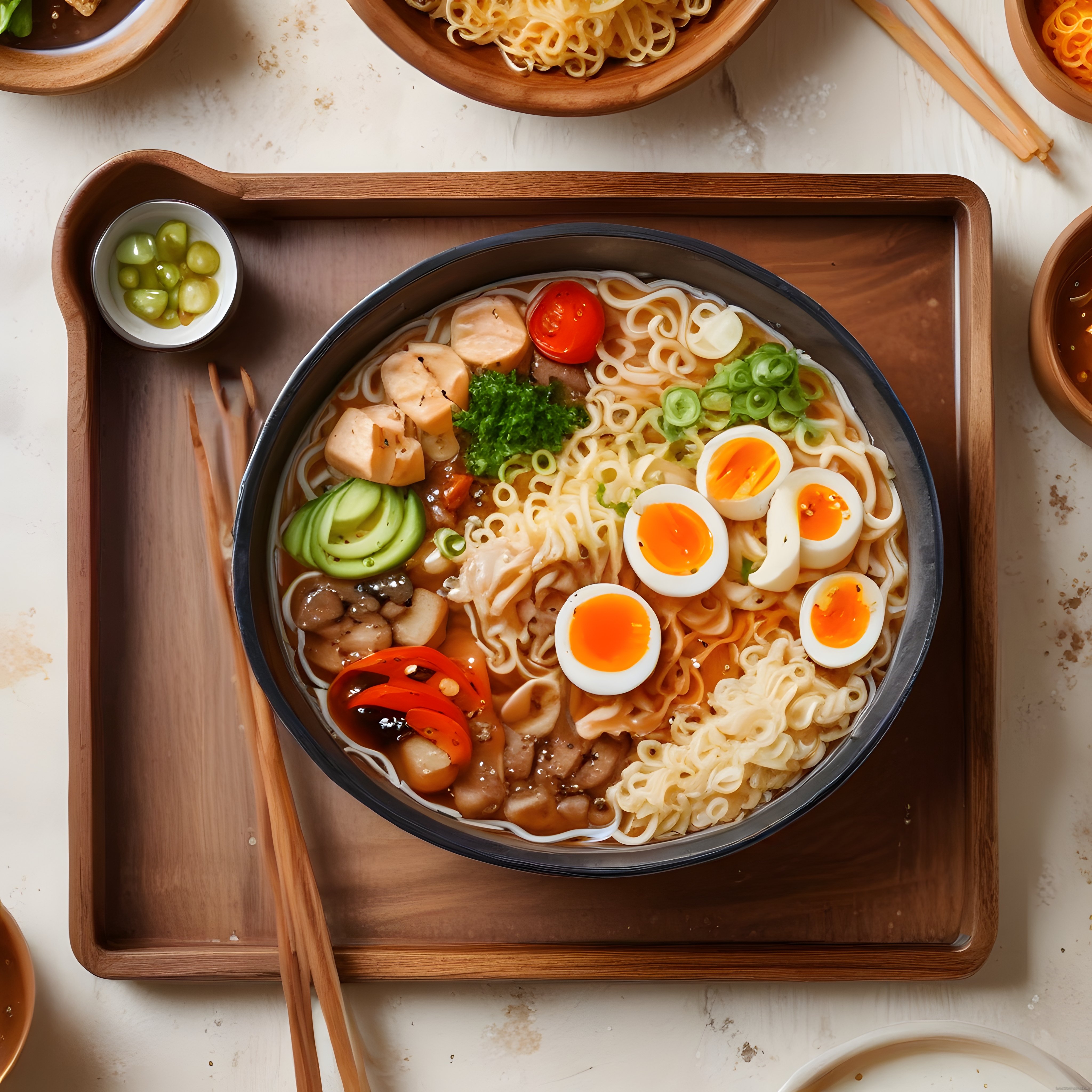 Ahşap Tepsi Üzerinde Göz Alıcı Tavuklu Ramen ve Noodle Sunumu