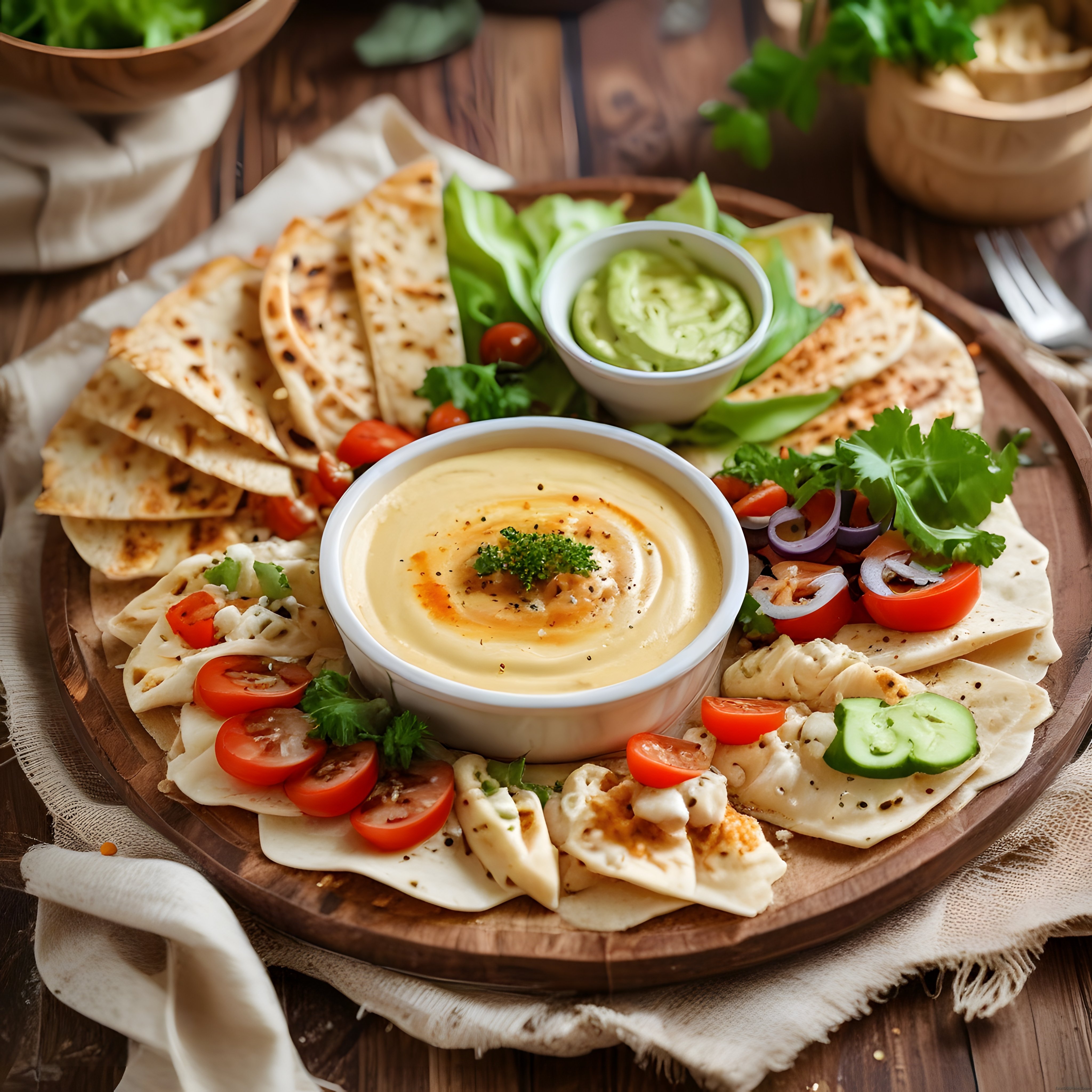 Ahşap tepsi üzerinde humus, lavaş ve taze sebzelerle hazırlanmış nefis kahvaltı sunumu