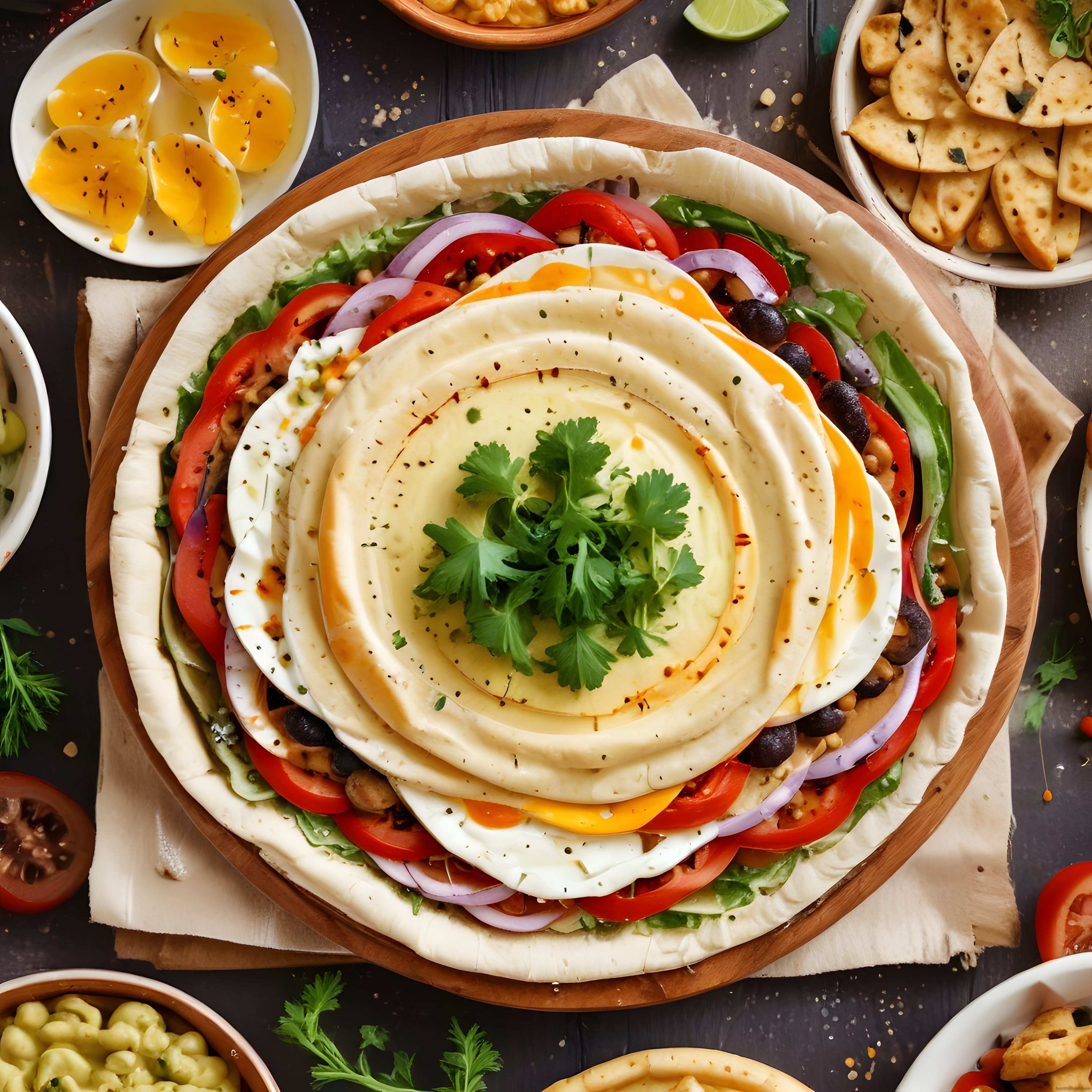 Ahşap Tepsi Üzerinde Humus ve Taze Sebzelerden Oluşan Lezzetli Meze Sunumu