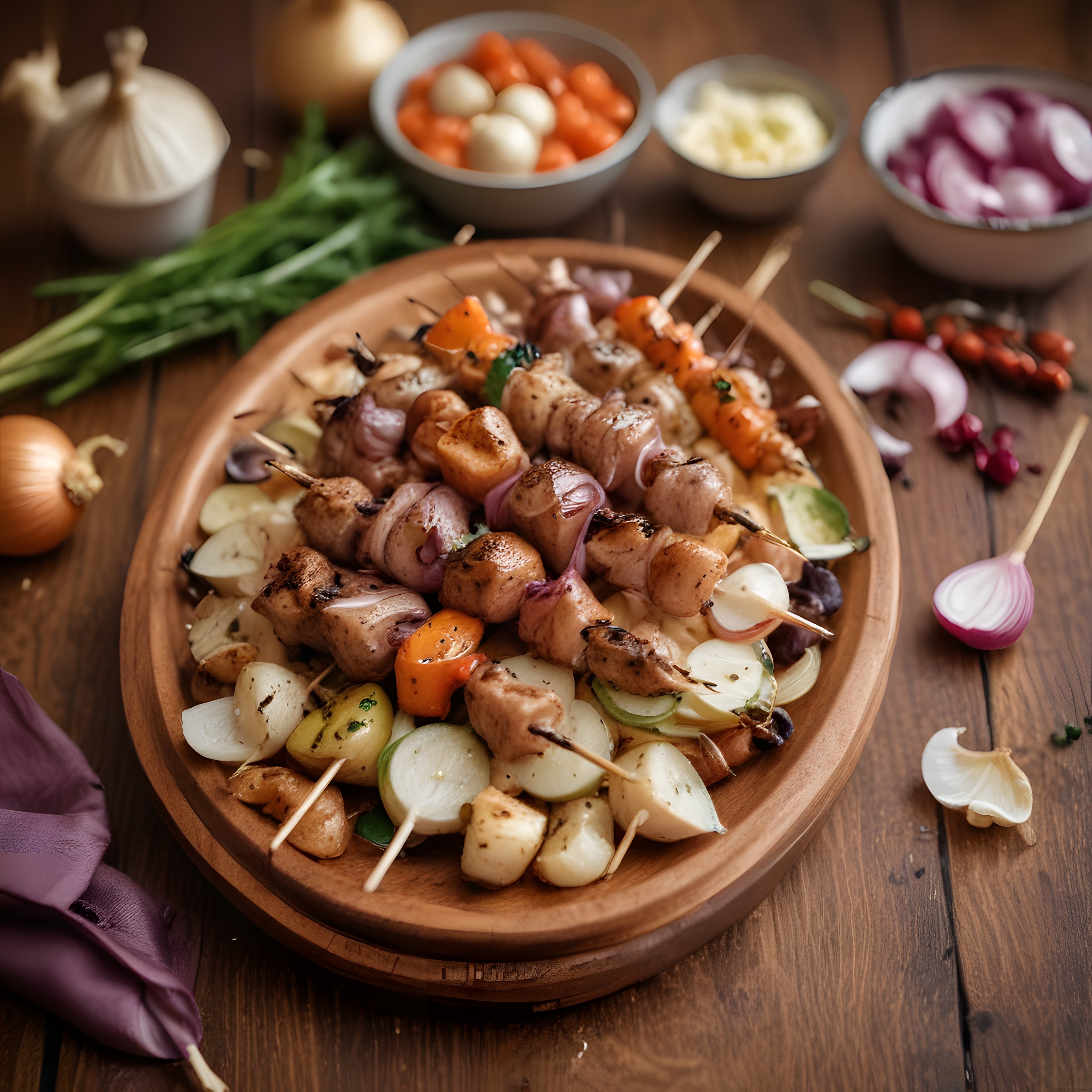 Ahşap Tepsi Üzerinde Izgara Tavuk Şiş Kebap ve Taze Sebzelerle Sunum