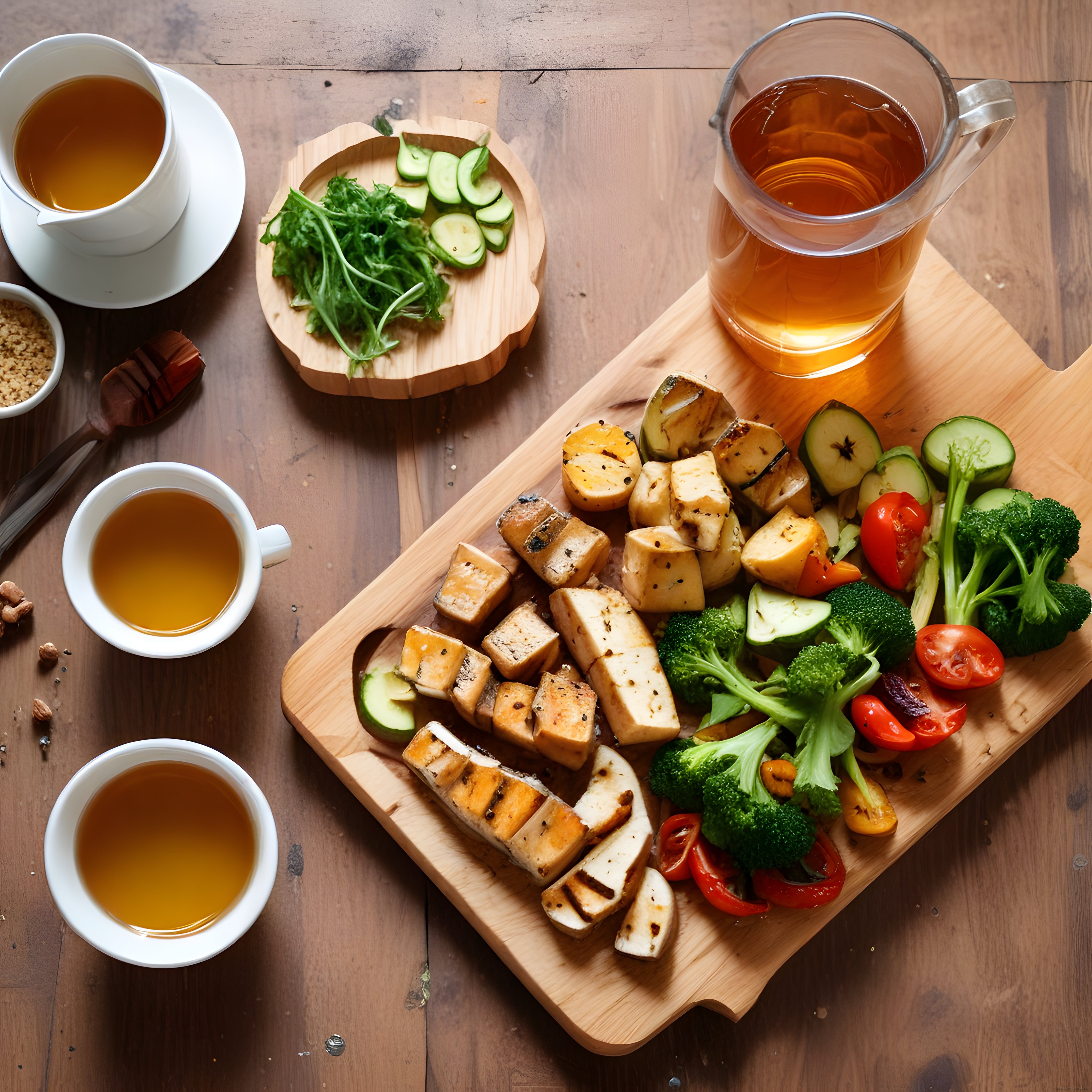 Ahşap tepsi üzerinde ızgara tofu ve renkli sebzelerden oluşan vegan tabağı