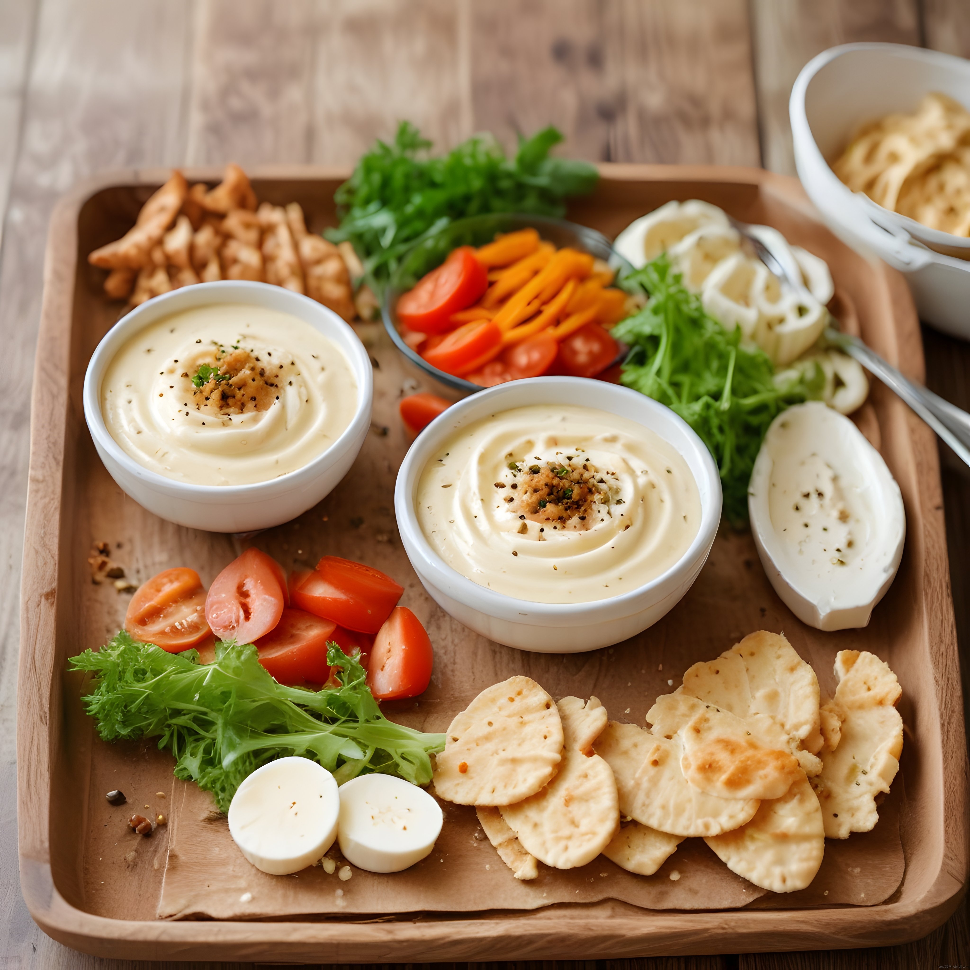 Ahşap Tepsi Üzerinde Kahvaltı Sunumu: Humus, Peynir, Yumurta ve Taze Sebzeler