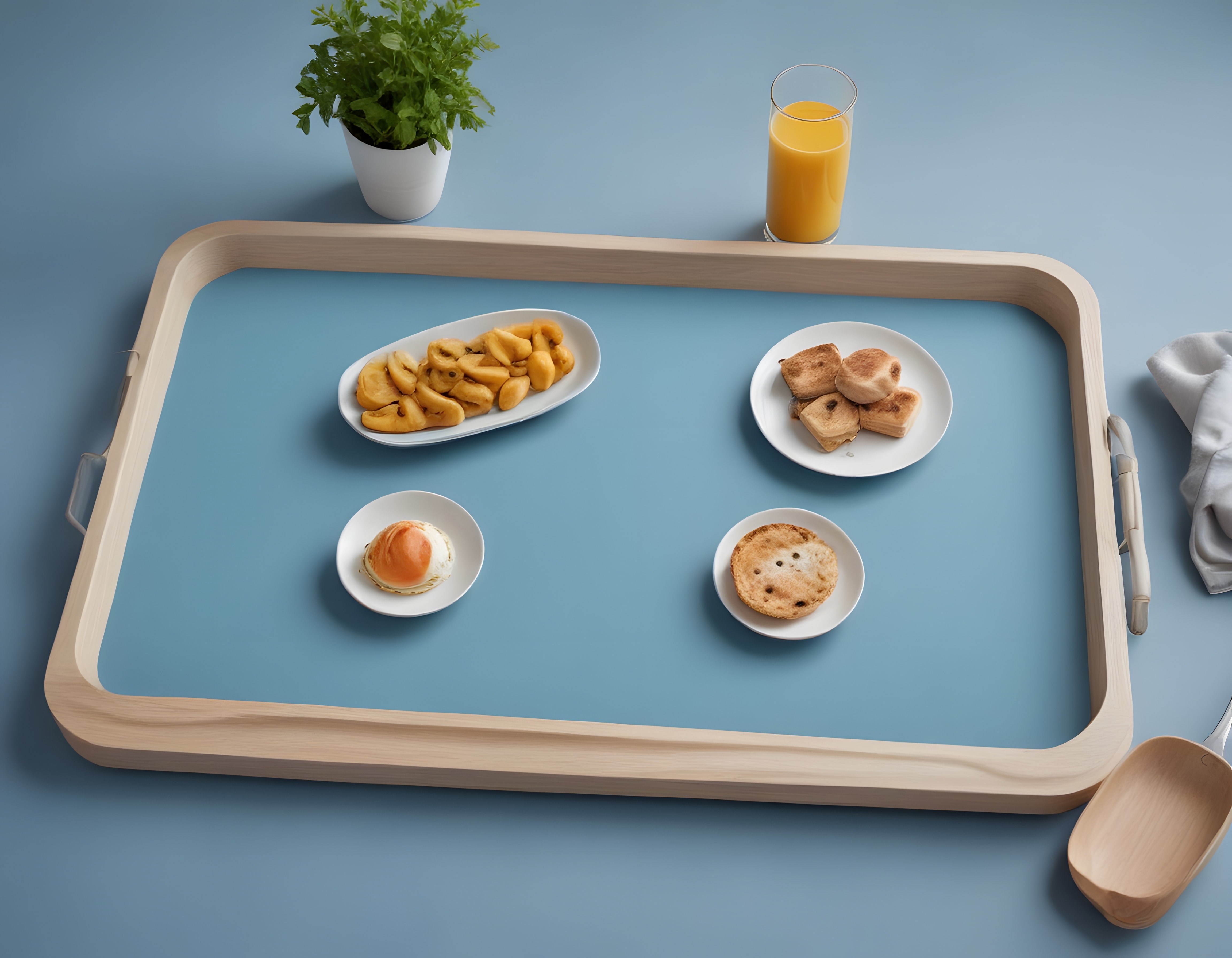 Ahşap Tepsi Üzerinde Kızarmış Ekmek ve Yumurtayla Şık Kahvaltı Masası