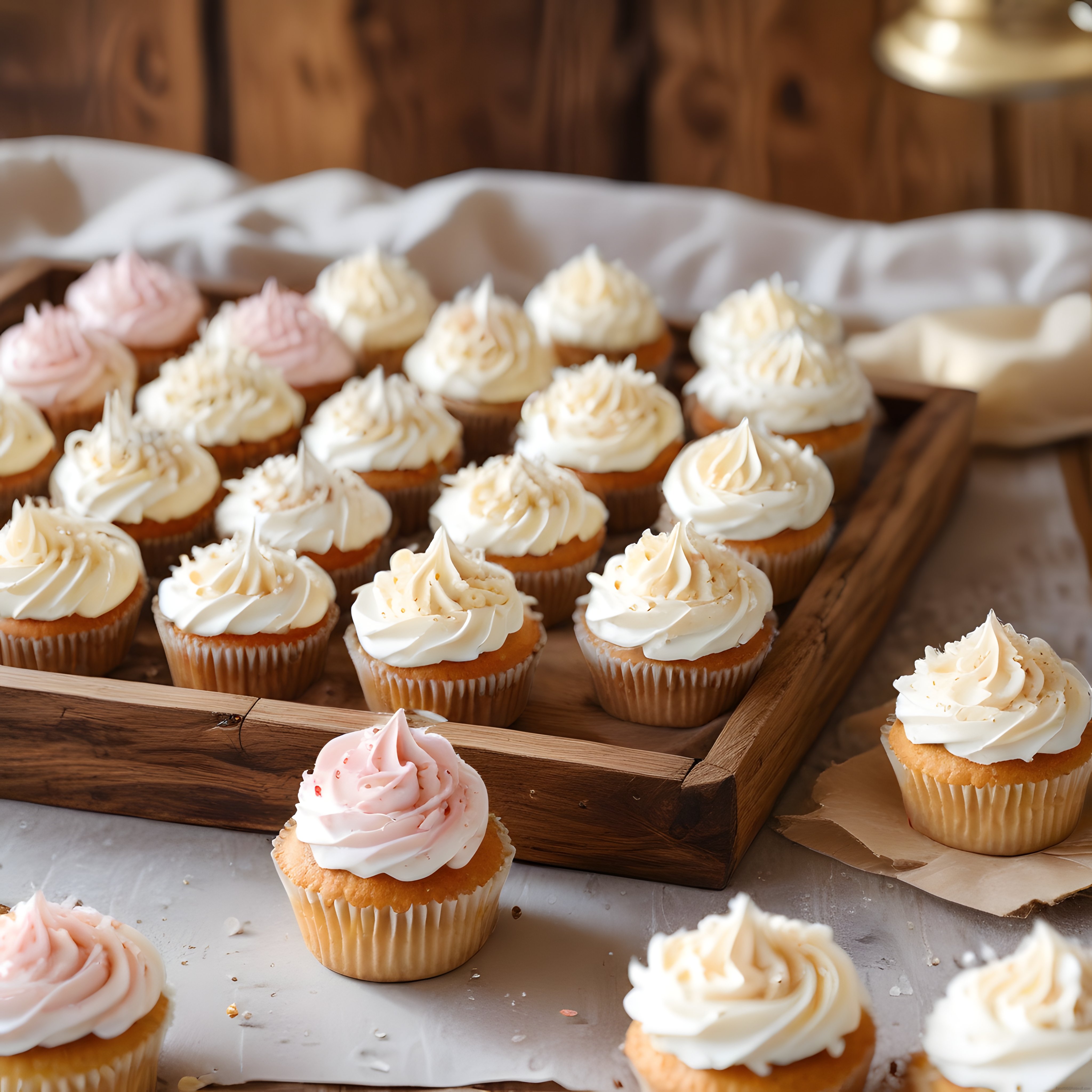 Ahşap tepsi üzerinde krema süslemeli ev yapımı cupcakeler ve rustik atmosfer