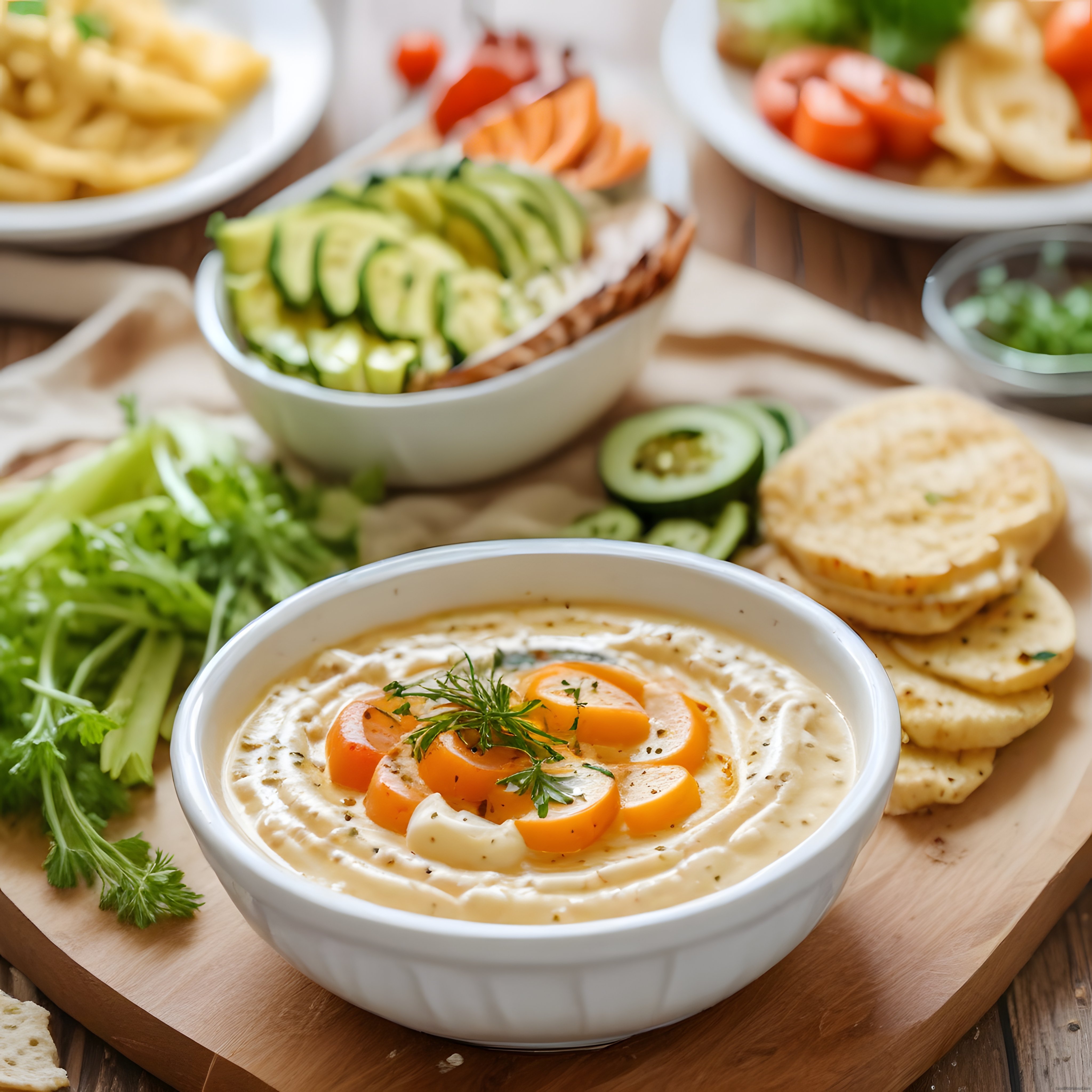 Ahşap Tepsi Üzerinde Kremalı Humus ve Taze Sebze Çeşitleri