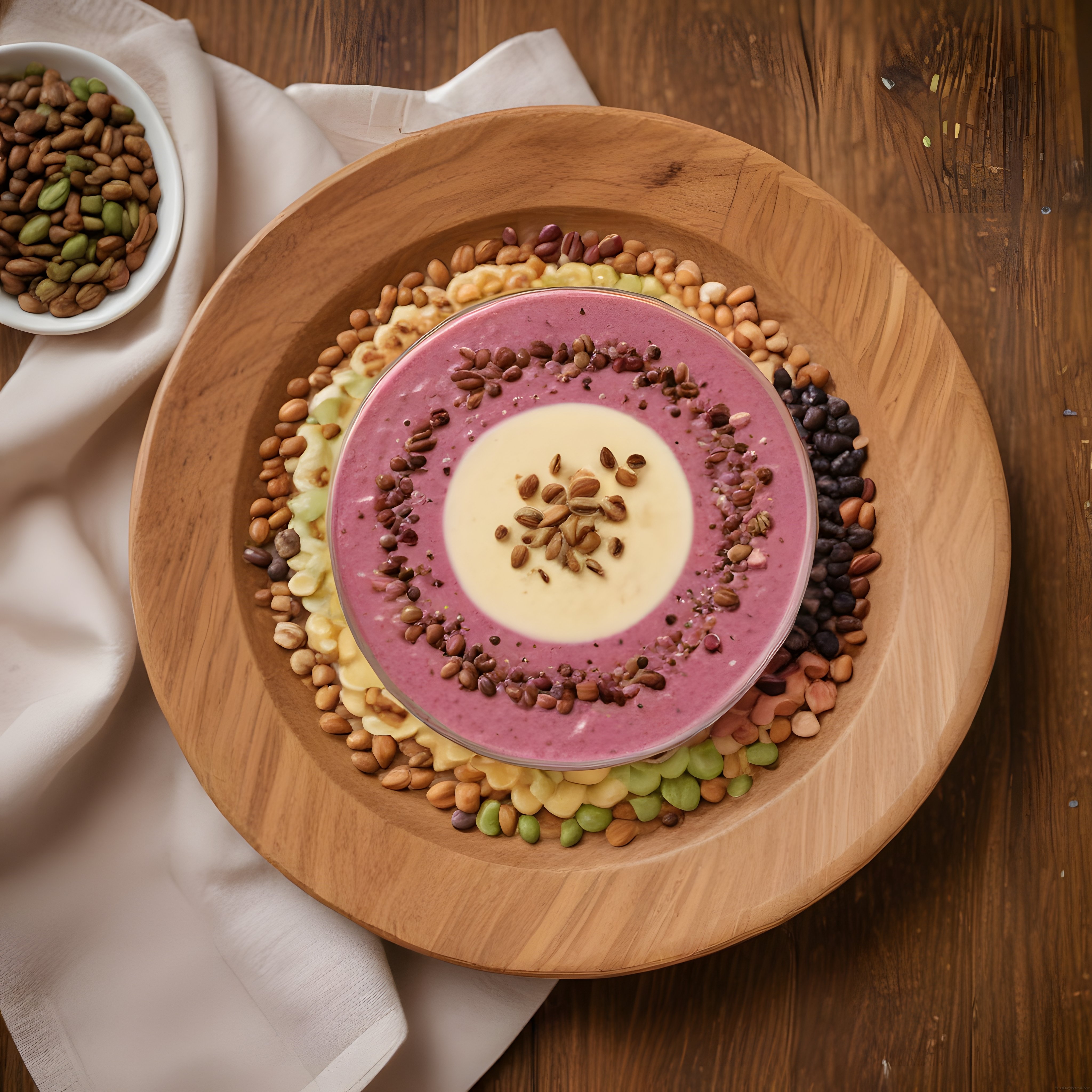 Ahşap tepsi üzerinde kuruyemiş ve tohumlarla süslenmiş mor smoothie bowl sunumu