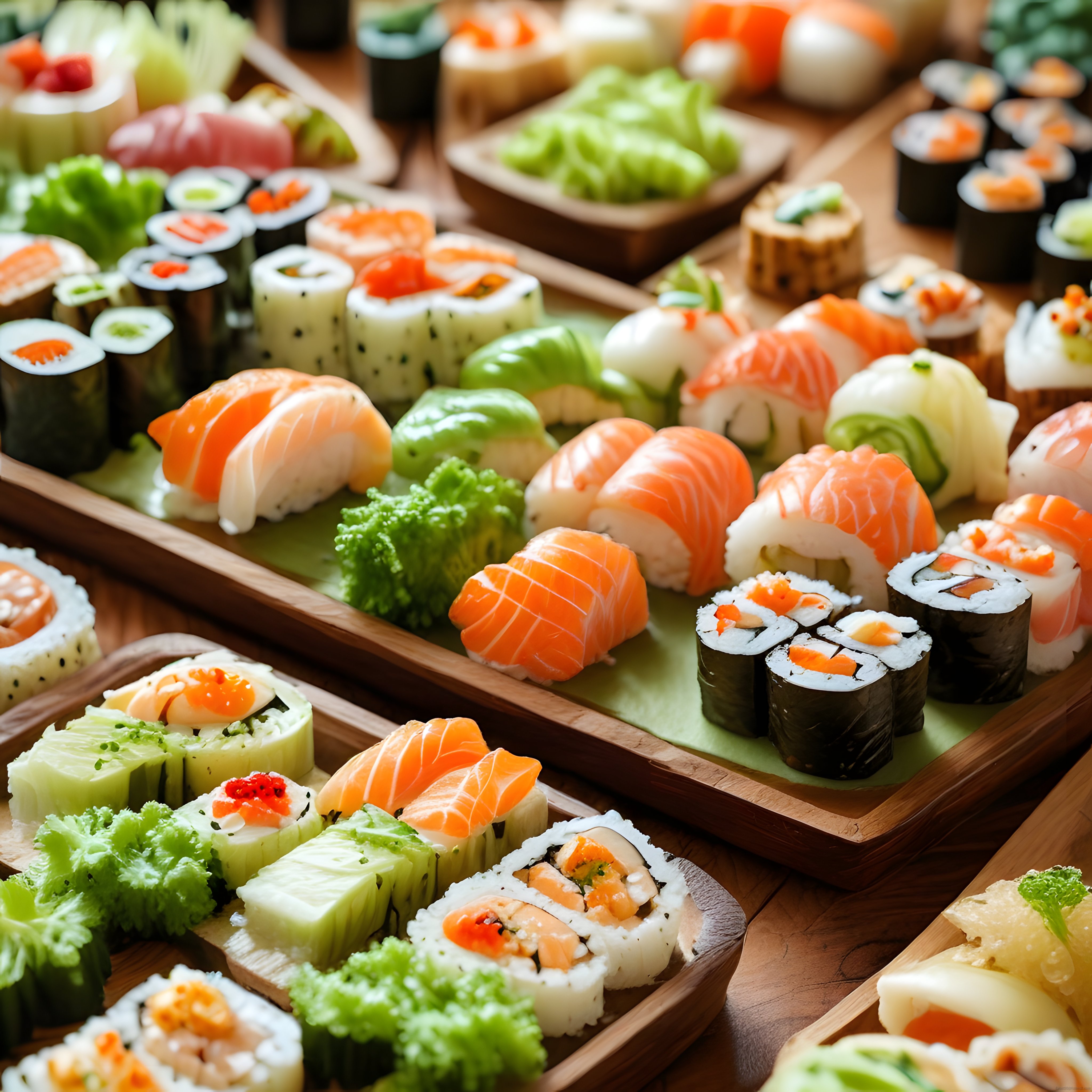 Ahşap Tepsi Üzerinde Leziz ve Renkli Sushi Çeşitleri: Nigiri, Maki ve Somonlu Rulolar
