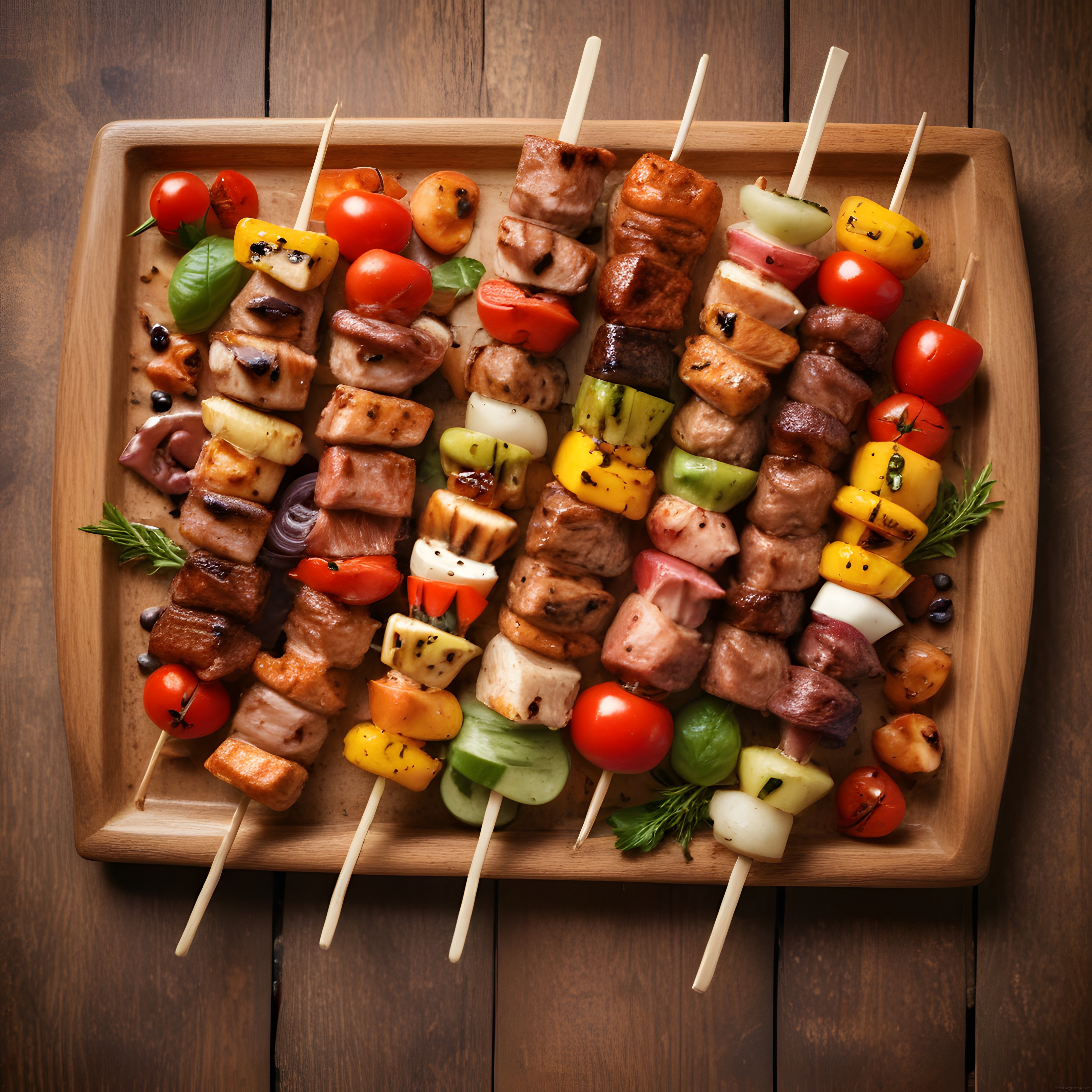 Ahşap Tepsi Üzerinde Lezzetli Et ve Sebzeli Izgara Şiş Kebap Sunumu