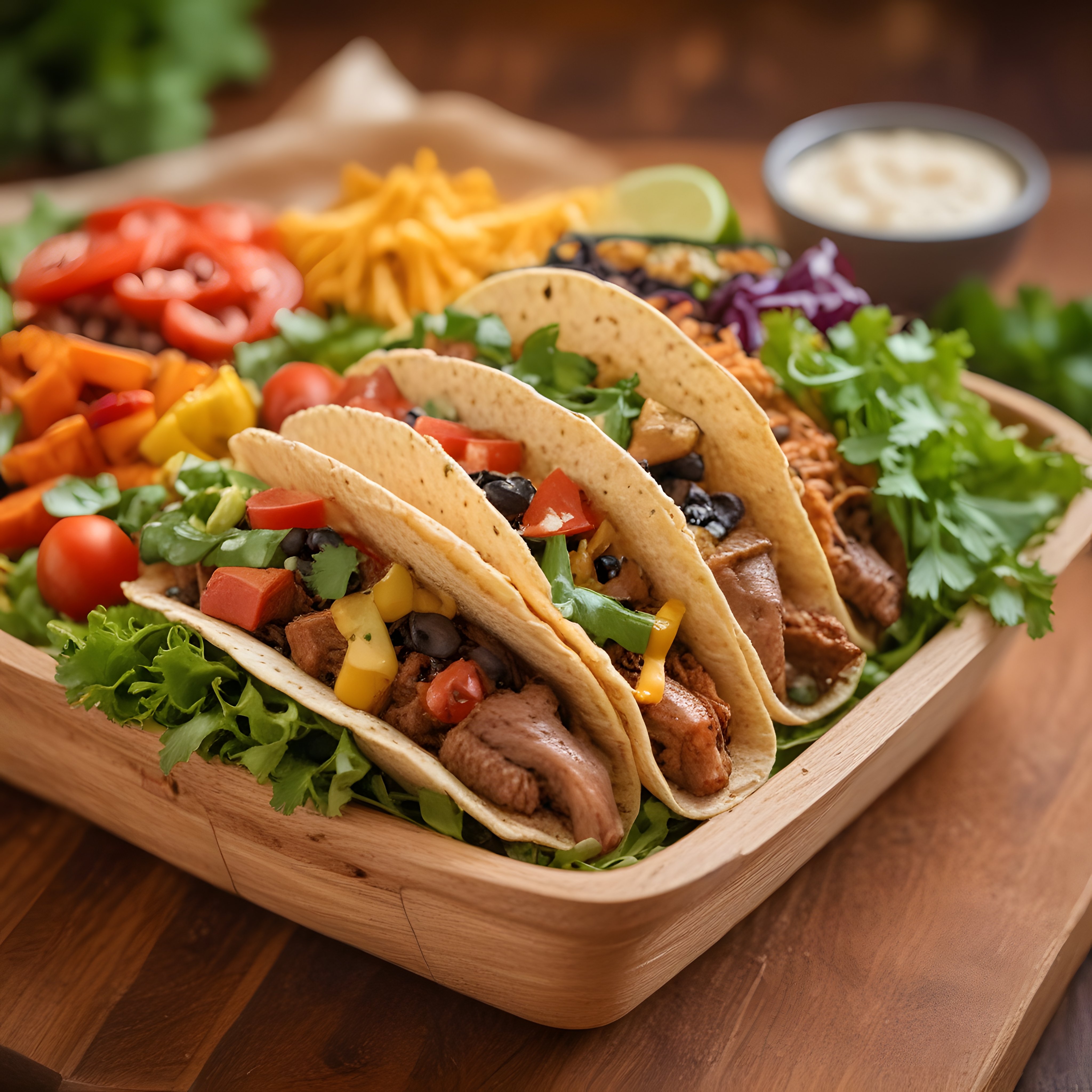 Ahşap Tepsi Üzerinde Meksika Usulü Etli Taco, Nachos ve Dip Sos Lezzetleri