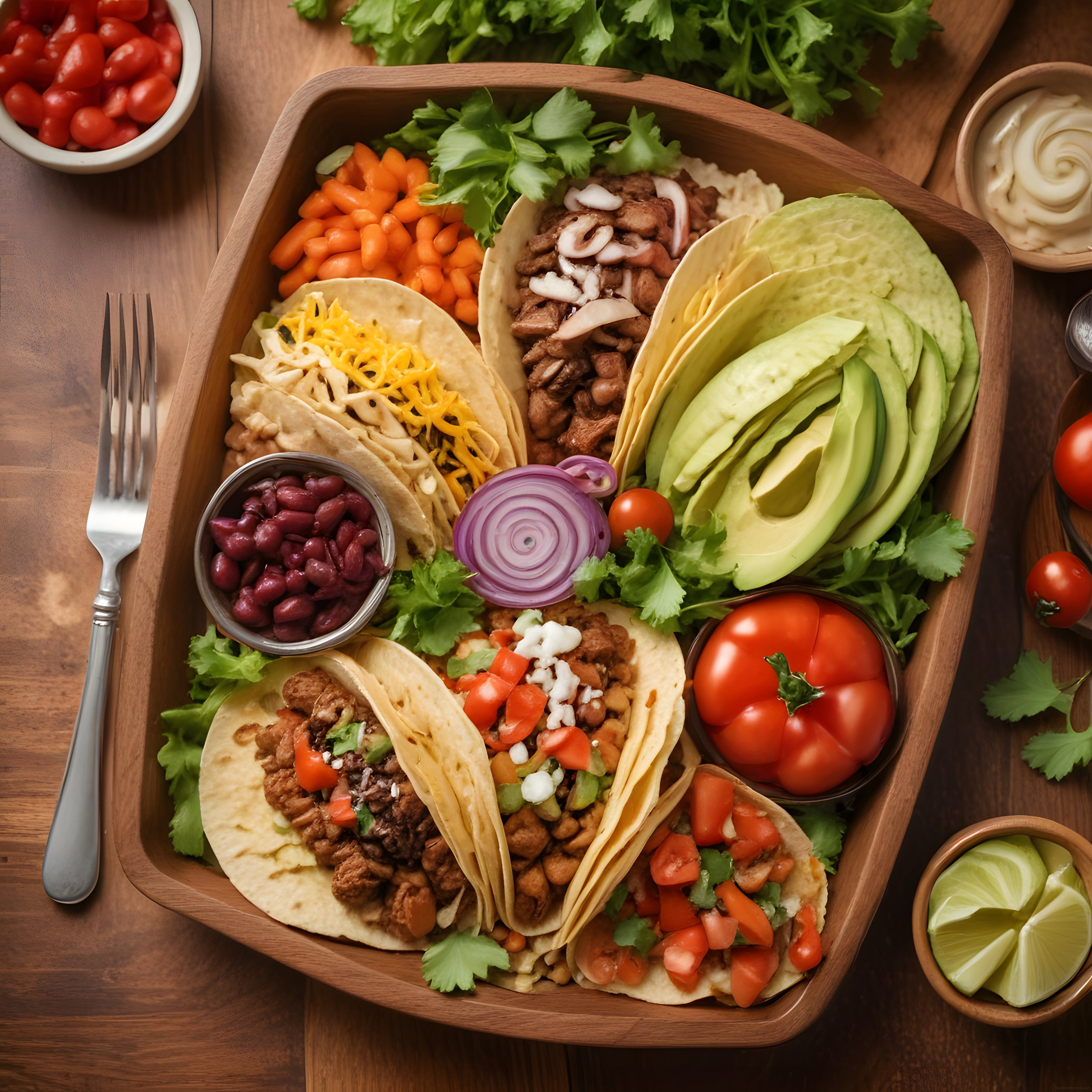 Ahşap Tepsi Üzerinde Meksika Usulü Tacos ve Taze Malzemelerle Zengin Sunum